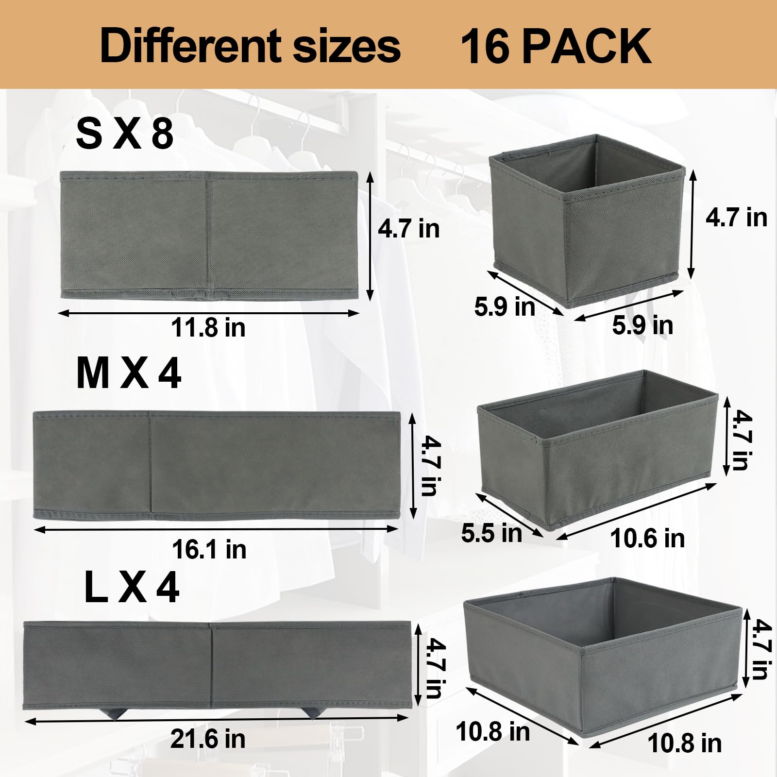 16-Piece Fabric Drawer Organizer Set - Foldable Storage Baskets & Cabinet Dividers for Clothes, Socks, Ties, Underwear | Space-Saving Closet & Dresser Organization Solution (Gray)