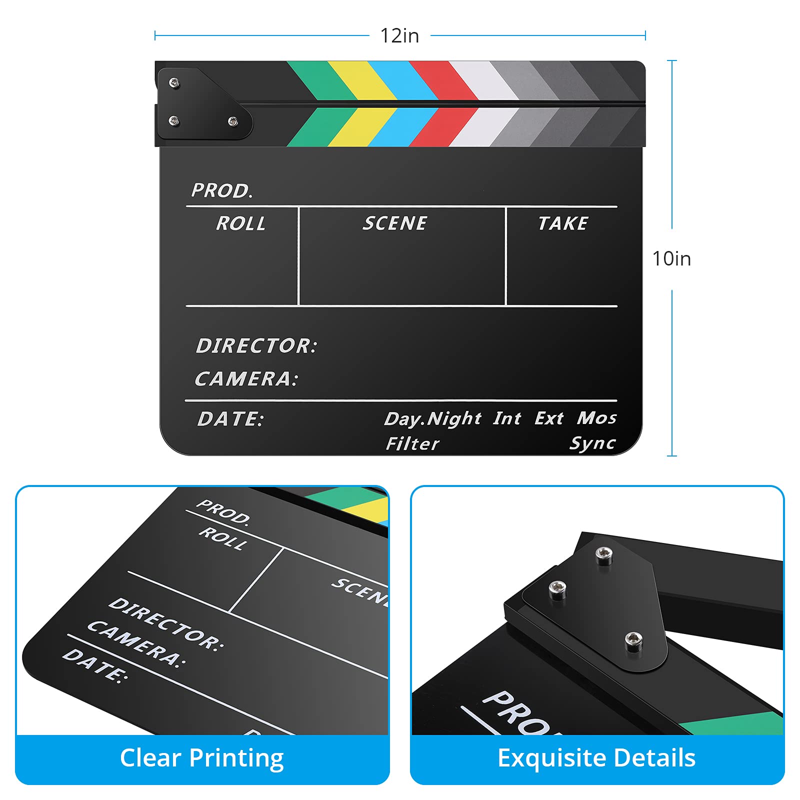 Professional 12 x 10 Inch Acrylic Film Clapper Board with Magnetic Blackboard Eraser - Movie Slate Clapperboard for Filmmaking, Theater Decor, Video Production & YouTube Content Creation - Includes 2 Custom Pens, Cleaning Cloth & Hexagonal Wrench