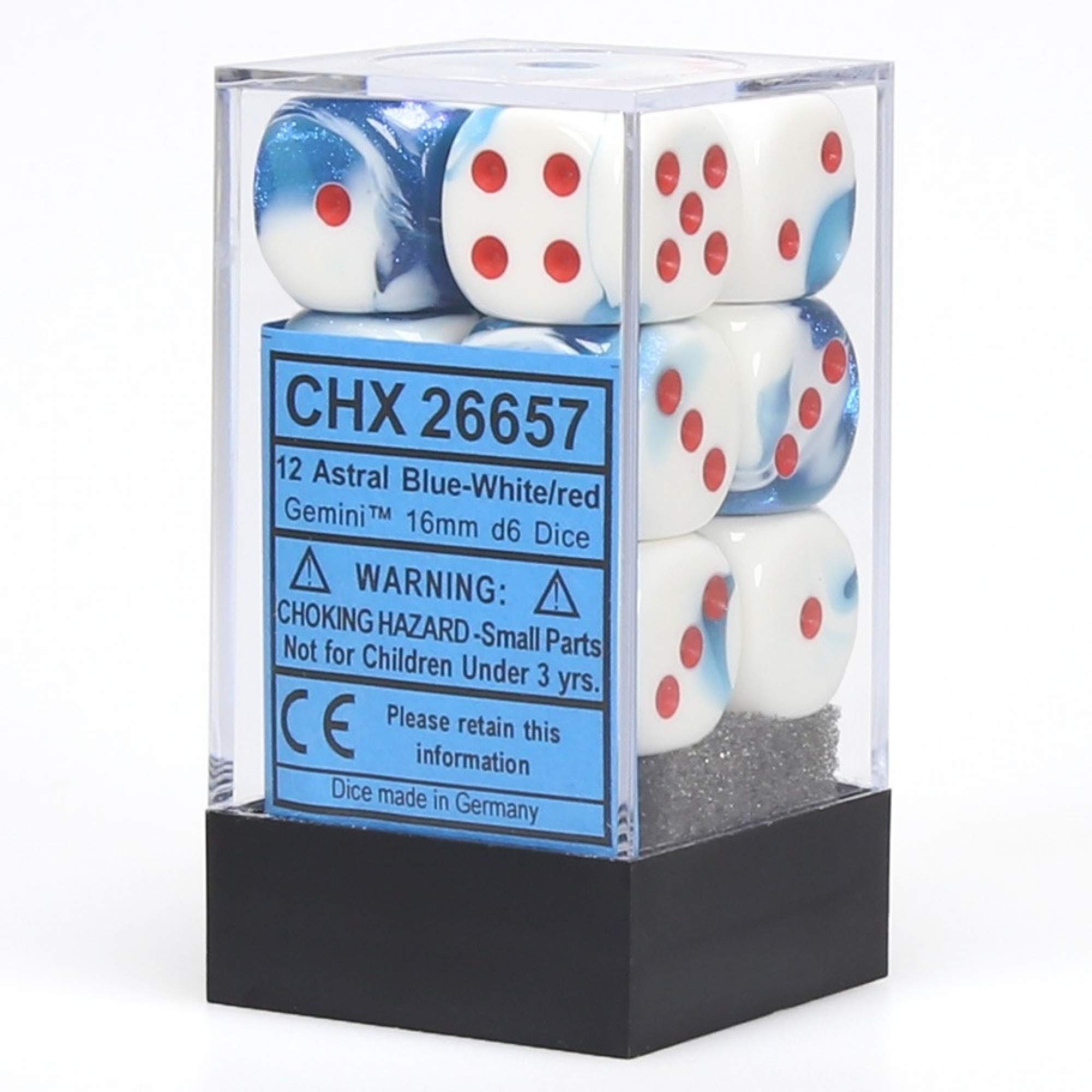 Chessex Gemini Astral Blue & White with Red 16mm D6 Dice Set - 12 Six-Sided Polyhedral Dice for RPG, D&D, Board Games, and Tabletop Gaming