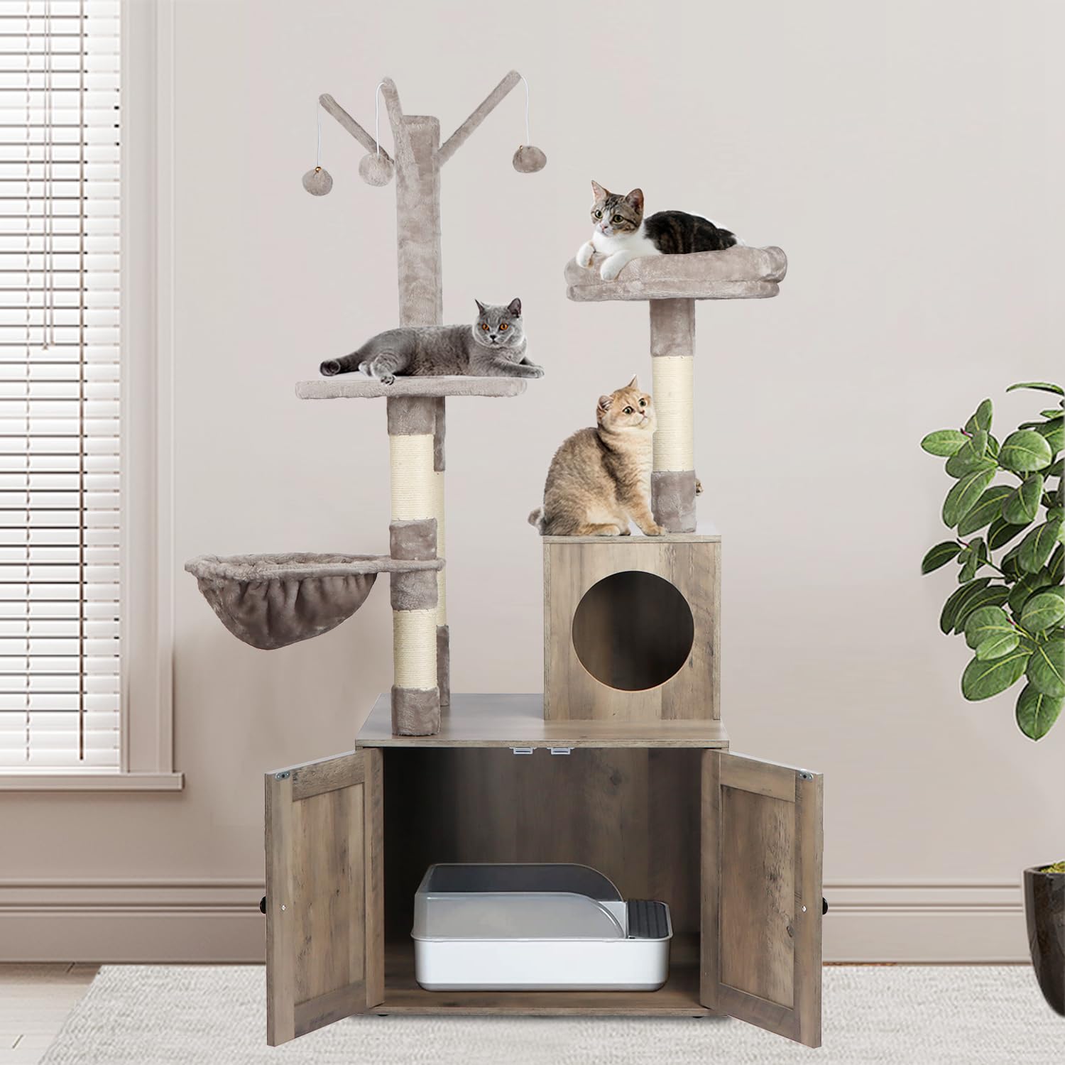 2-in-1 Modern Grey Cat Tree Tower with Hidden Litter Box Enclosure & Scratching Post - Multi-Level Cat Condo Furniture for Small Spaces & Home Decor