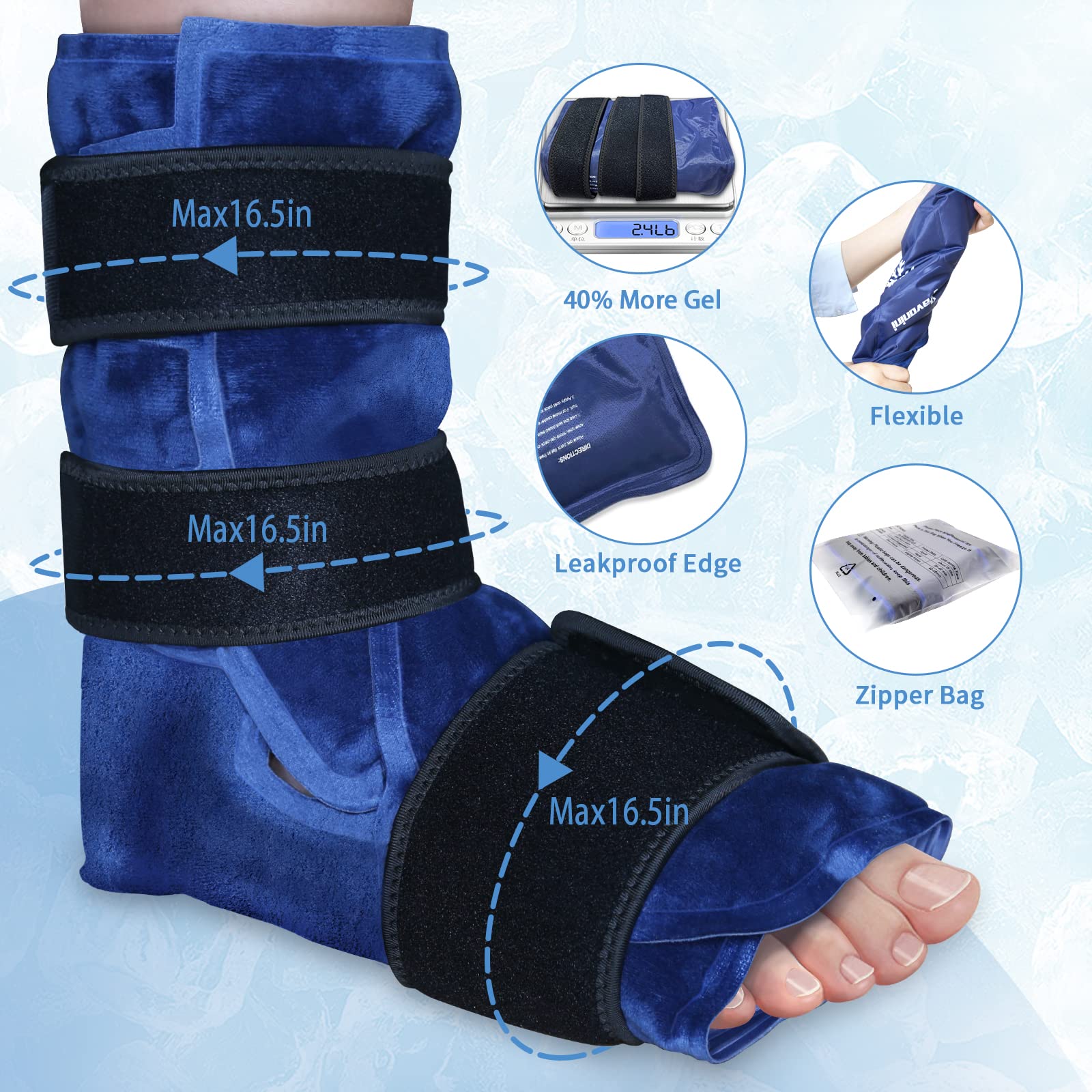 XXL Reusable Gel Ice Pack Wrap for Ankle & Foot Injuries - Plantar Fasciitis, Achilles Tendonitis, Sprained Ankles Relief - Full Coverage Cold Therapy Wrap for Pain, Swelling & Recovery (Blue) - Perfect for Post-Workout, Sports Injuries & Post-Surgery Recovery