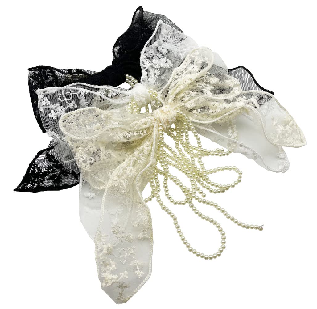 3-Piece Lace Bow Pearl Chain Hair Clips - Flower Embroidery Non-Slip Barrettes for Women & Girls (White/Beige/Black) | Perfect for Weddings, Parties & Everyday Hair Accessories