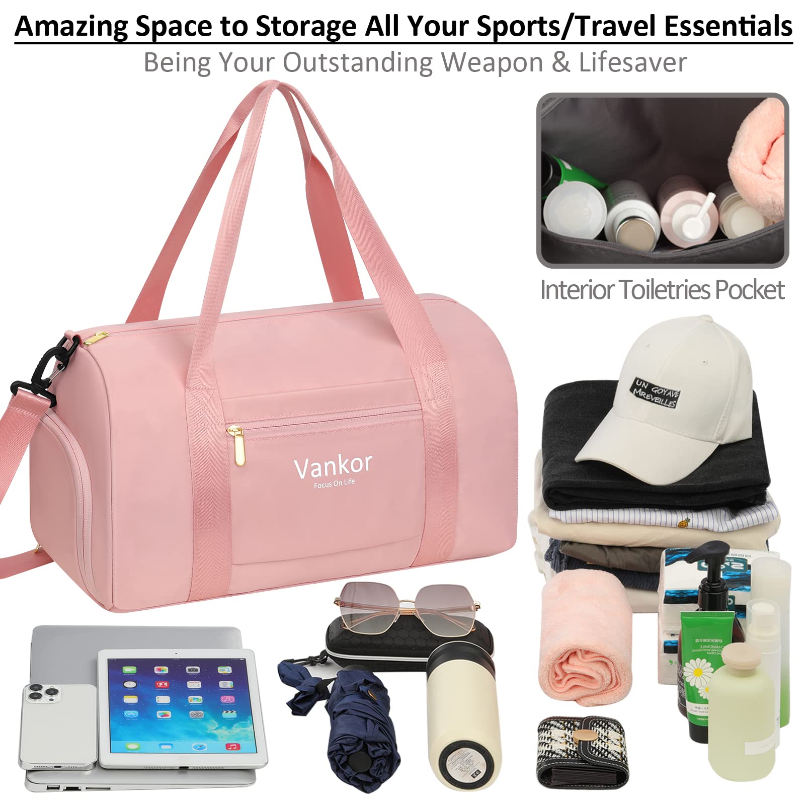 Women's Waterproof Gym Bag with Shoe Compartment - Medium Pink Sports Duffle Bag for Workout, Yoga, Travel & Fitness