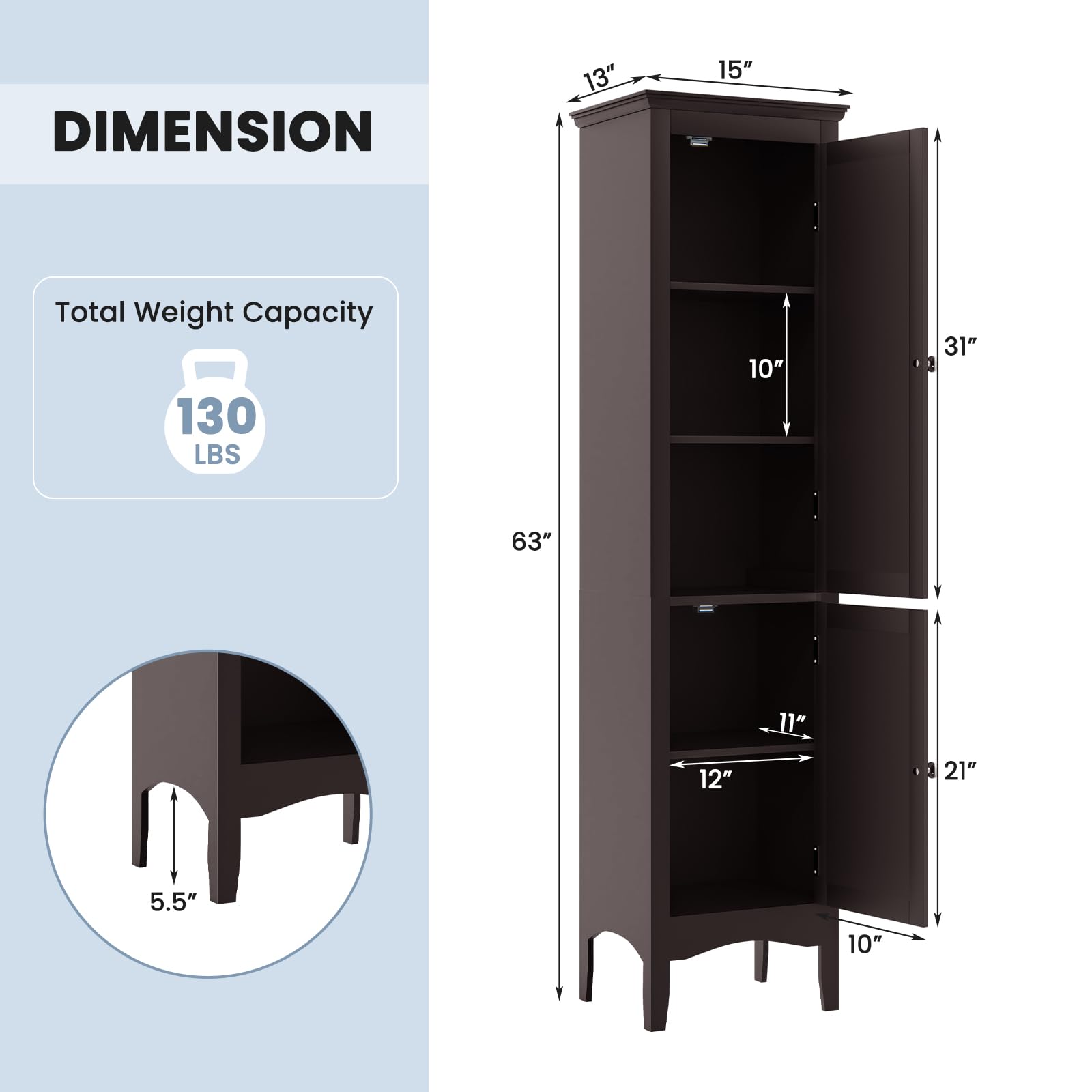 Tall Narrow Bathroom Storage Cabinet with 3 Adjustable Shelves - 2 Door Freestanding Organizer with Anti-Tip Device for Bathroom, Living Room, Bedroom - Space Saving Home Organization Solution (Brown)