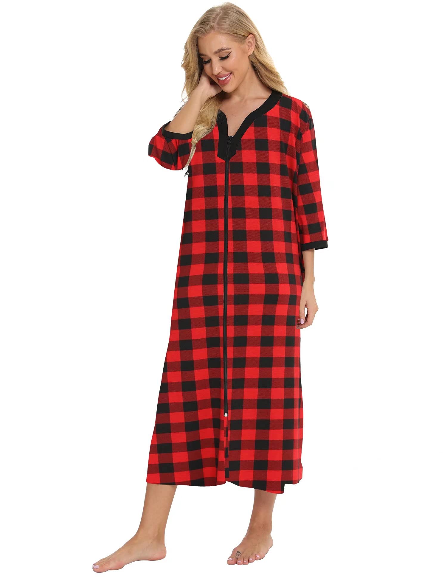 Bloggerlove Women's Zip Up Cotton Robe - Long House Coat with Half Sleeves, Comfortable Sleepwear & Nightgown for Lounge, Relaxation & Home Wear