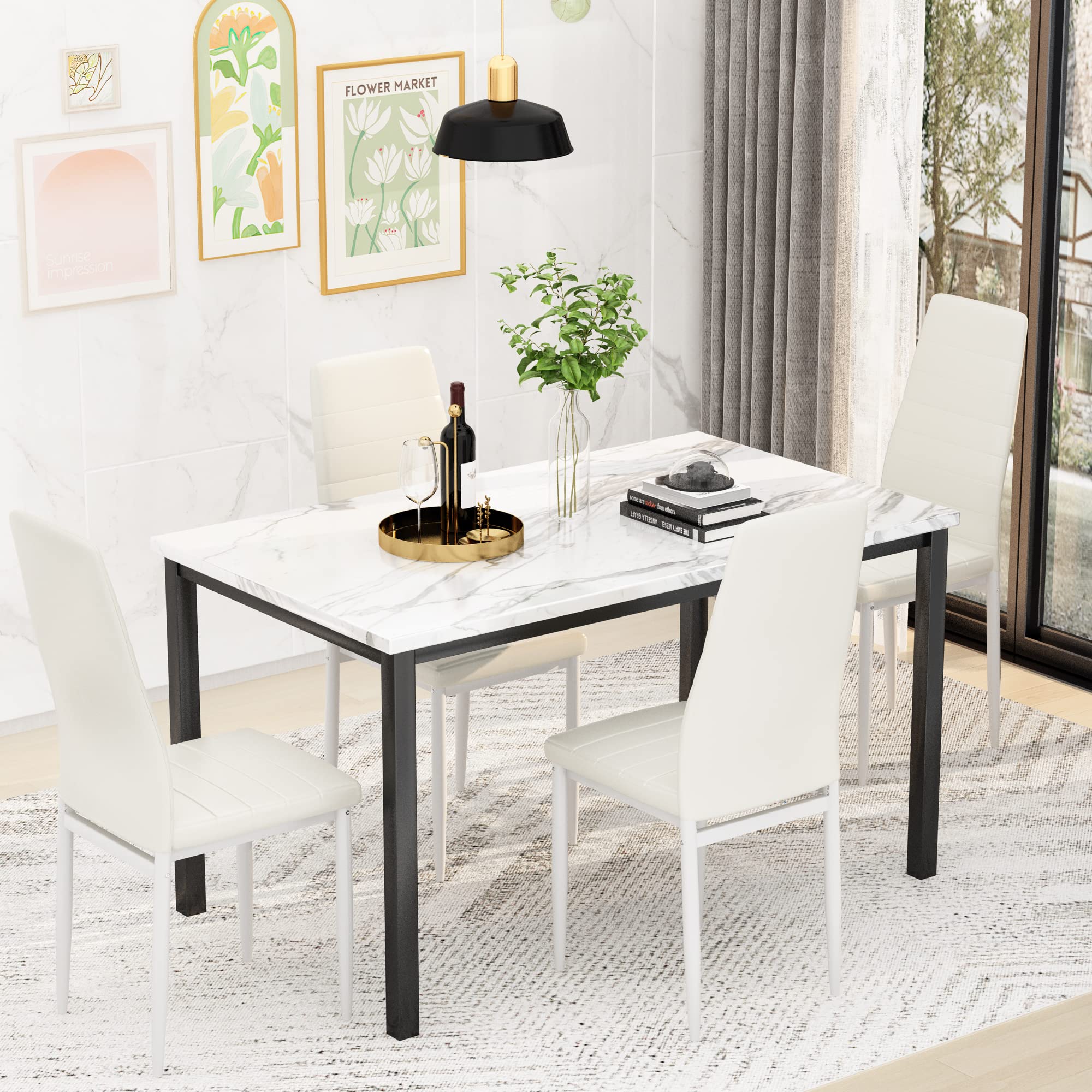 AWQM 5-Piece Dining Table Set for 4 - White Faux Marble Table with 4 PU Leather Chairs - Perfect for Small Spaces, Kitchen, Breakfast Nook & Dining Room - Compact Modern Kitchen Table Set for Apartments & Cozy Homes