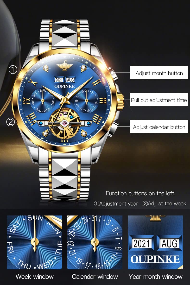 OUPINKE Men's Automatic Diamond Skeleton Mechanical Self-Winding Luxury Dress Watch - Sapphire Crystal & Tungsten Case - Perfect for Business, Formal Events & Gift Giving