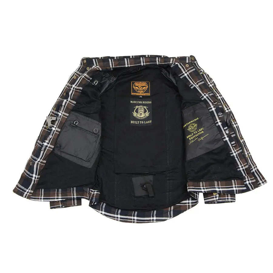 Milwaukee Leather Men's Brown Checkered Armored Flannel Biker Shirt with Reinforced Fibers - Durable Motorcycle Riding Gear for Harley Davidson & Cruiser Bikers