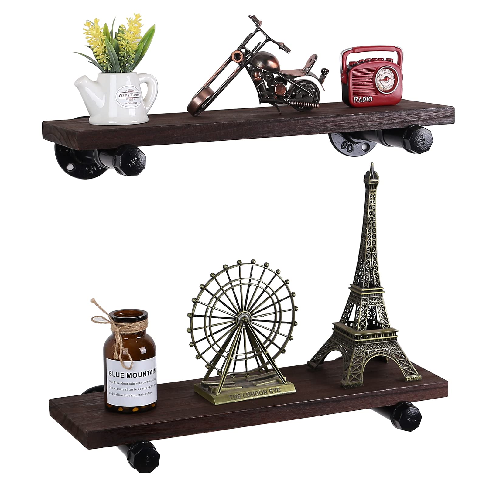 QTSARTIN Floating Shelves with Industrial Pipe Brackets - Set of 2 Rustic Wood Wall Shelves for Home Decor, Storage & Organization - Perfect for Living Room, Bedroom, Bathroom, Kitchen & Office (Brown, 2-Tier, 17