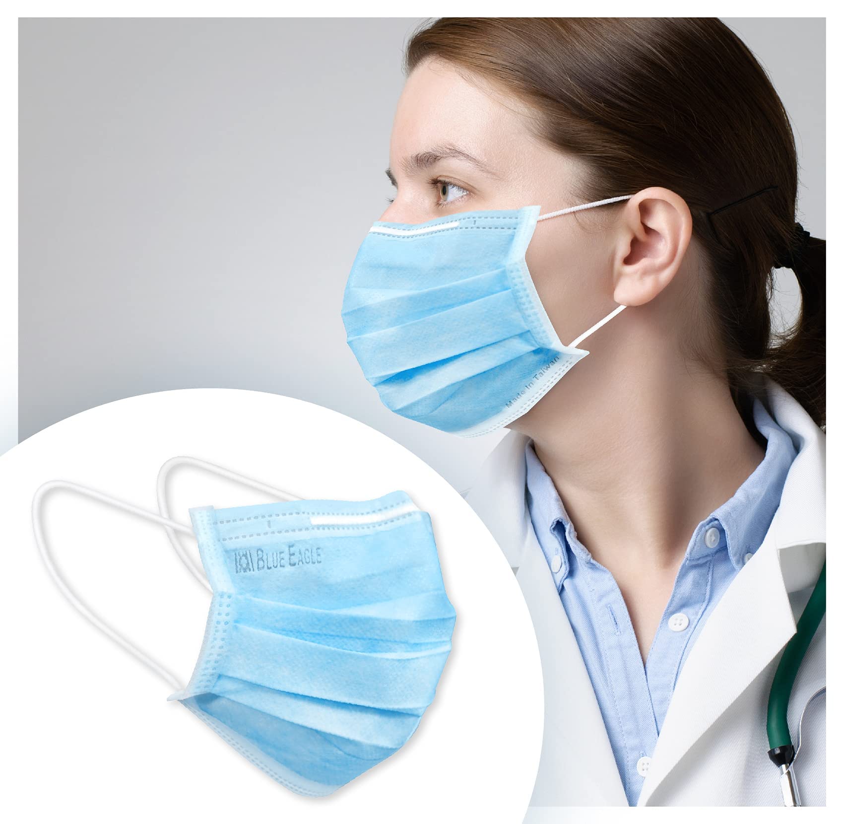 BlueEagle 3-Ply Disposable Face Masks for Adults - Individually Wrapped, Soft Comfortable Inner Layer, Large Size Fit for Men & Women - 50 Pack Sky Blue | Perfect for Travel, Work, School & Daily Protection