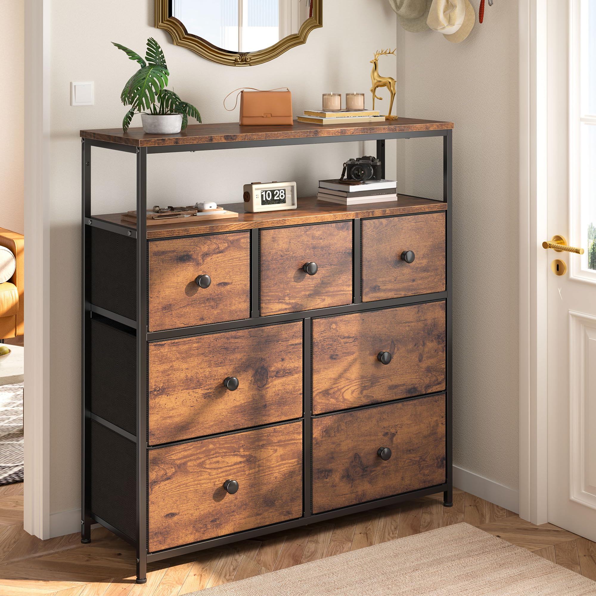 7-Drawer Purple Dresser for Bedroom - Wooden Top & Metal Frame Chest of Drawers - Clothes Storage Organizer with Rustic Brown Finish | Perfect for Bedroom Organization, Guest Room Furniture & Entertainment Center Storage