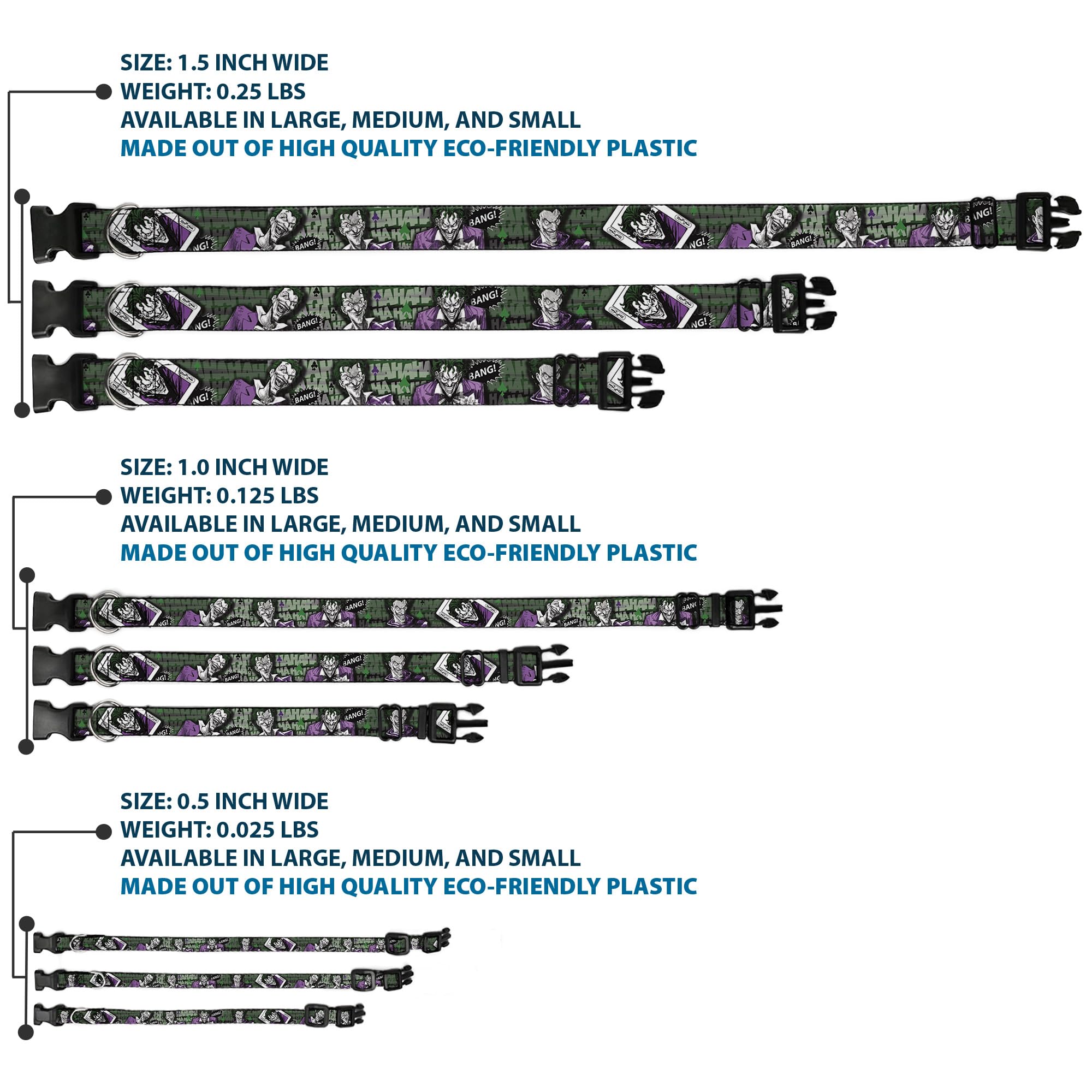 Buckle-Down Adjustable Dog Collar with Joker Card Design - 4 Fun Poses (Haha, Smile, Bang) in Gray, Green & Purple - 6 to 9 Inches Length, 0.5 Inch Width - Perfect for Halloween Costumes, Comic Con Events & Themed Pet Parties