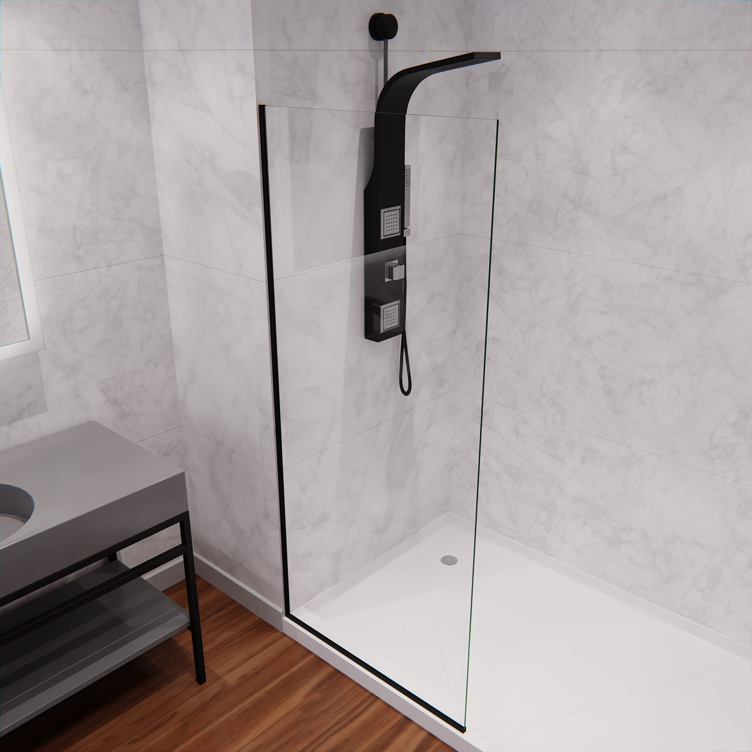 ANZZI 74 x 34 Inch Frameless Fixed Glass Shower Screen Door - Matte Black Finish with Veil Water Repellent Technology | Clear Tempered Glass Single Panel for Bathroom & Shower Enclosure | Complete Hardware Kit for Easy Installation | Perfect for Modern Home & Spa-Like Bathroom Experience
