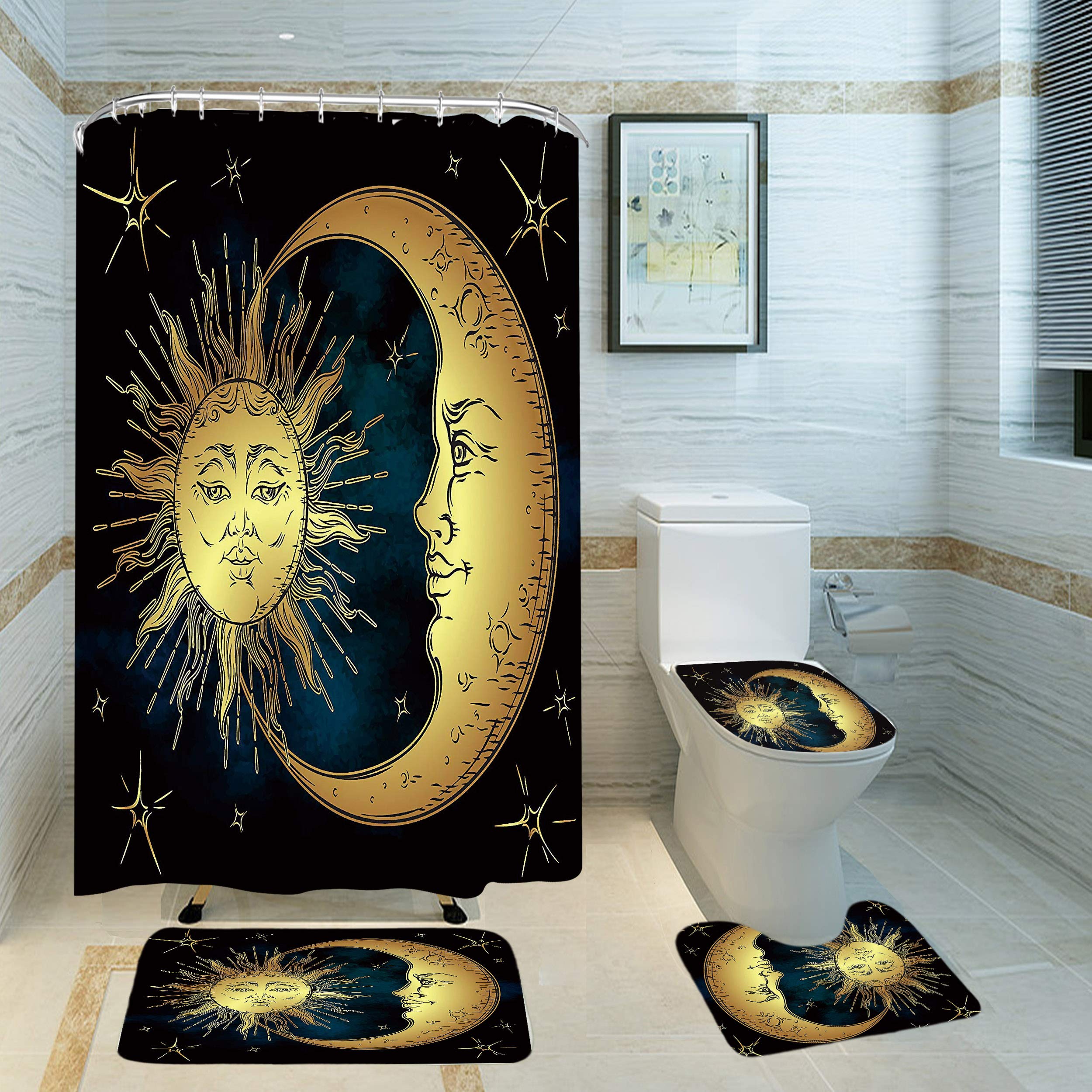 PATATINO MIO Mandala Bathroom Set with Shower Curtain, Non-Slip Rugs, Toilet Lid Cover & Bath Mat - Moon & Sun God Theme Decor (72x72 inches) | Complete Bath Accessories for Spa-Like Relaxation & Boho Chic Home Decor