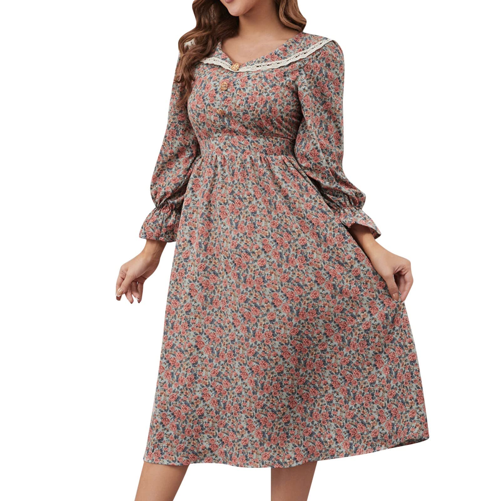 Women's Fall Winter Retro Floral Lace Long Sleeve Maxi Dress with Lapel - Elegant Evening Gown for Parties, Dates & Special Occasions