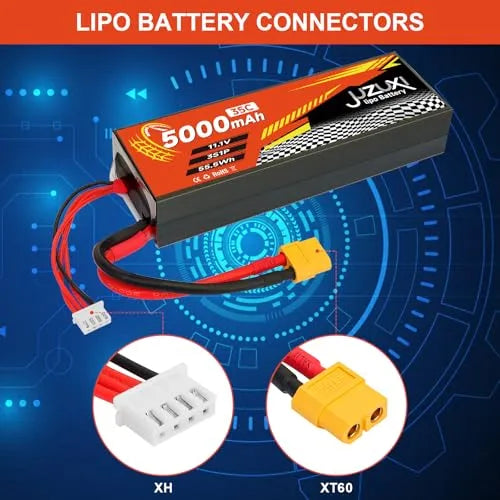11.1V 5000mAh 3S 35C Lipo Battery Rechargeable Lithium Polymer Battery with XH & XT60 Connectors - Compatible with RC Cars, Trucks, Buggies - Perfect for 2WD/4WD Off-Road Racing, Drifting and Crawling Adventures