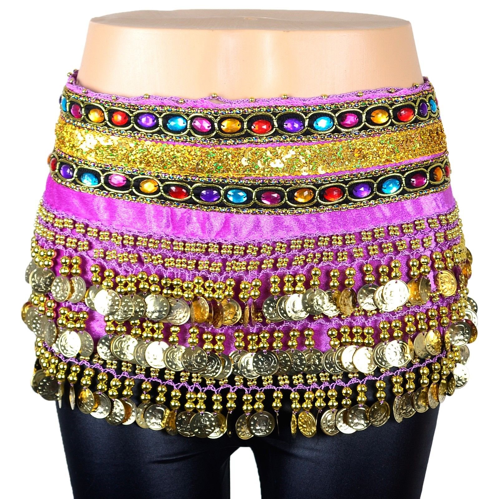 Velvet Belly Dance Hip Scarf with Gold Coins - Faux Gemstone & Sequins Waist Wrap for Women - Perfect for Belly Dancing, Yoga, Fitness, and Costume Parties