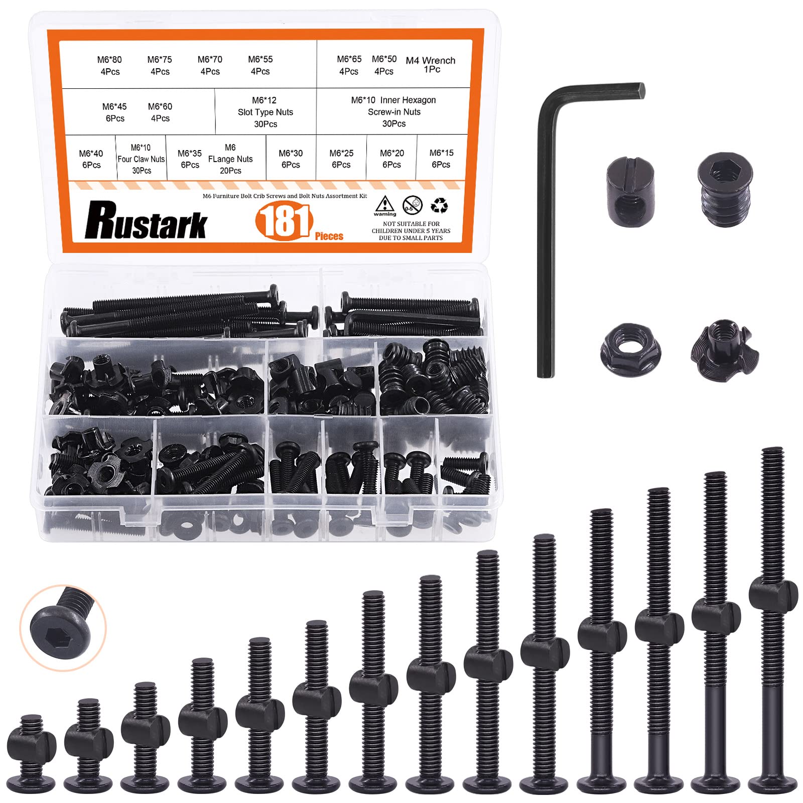 181-Piece M6 x 15-80mm Black Crib Screw Hardware Replacement Kit - Zinc Plated Hex Socket Head Cap Bolts, Thread Nutsert, Barrel Nuts, T-Nuts & Flange Nuts Assortment - Perfect for Crib Beds, Furniture Assembly & DIY Home Repair Projects