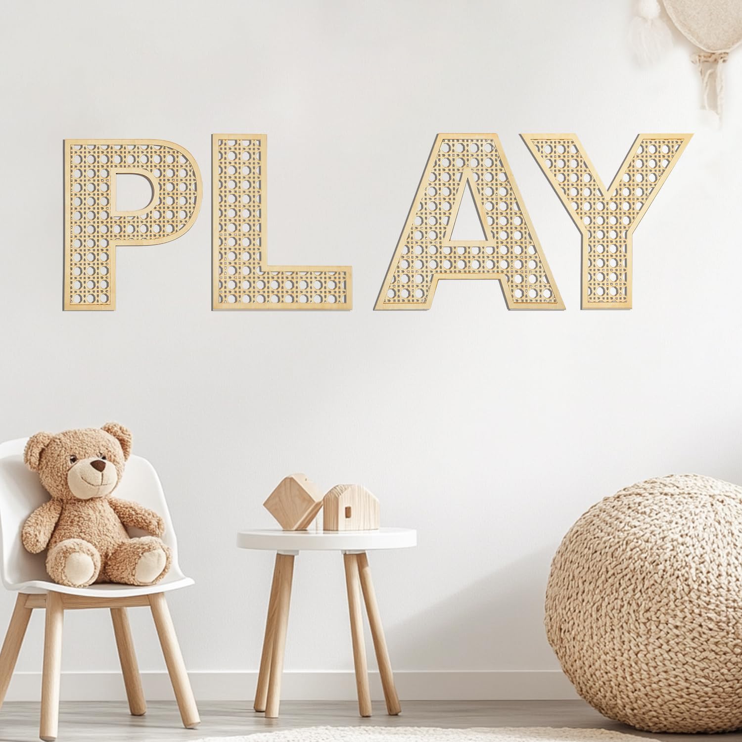 12 Inch Large Rattan Play Sign for Playroom Wall Decor - Boho Nursery Wooden Letters for Toddler Girls & Boys Bedroom - Perfect for Kids Room, Nursery, and Play Area Decorations