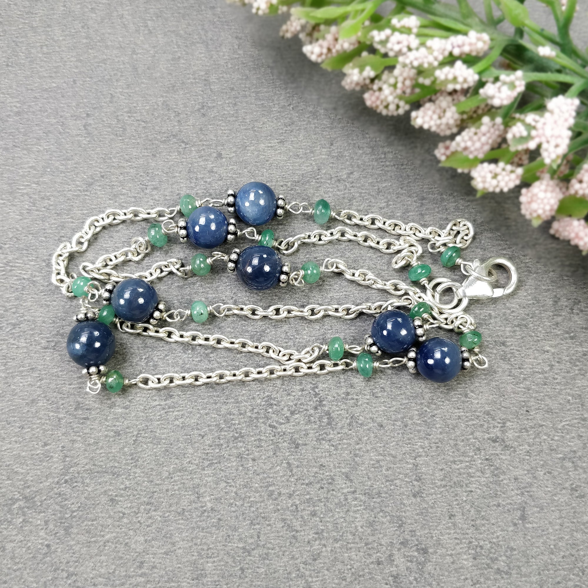 Natural Blue Sapphire & Emerald Beads Necklace - 925 Sterling Silver Chain Jewelry for Women | Elegant Gift for Her, Birthday, Anniversary & Special Occasions | Perfect for Weddings, Parties & Everyday Wear