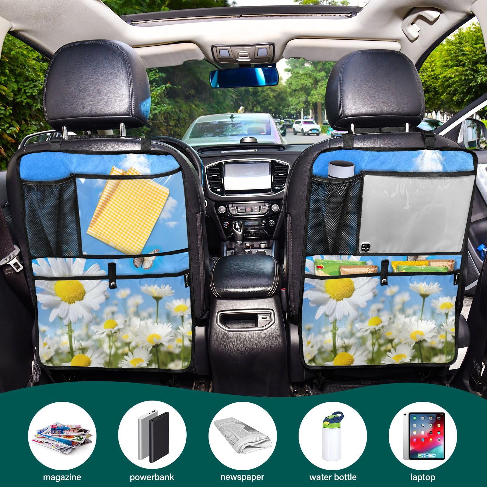 Daisy Sky Butterfly Car Seat Protector with Storage Pockets - Back Seat Organizer & Kick Mats for Vehicles - Perfect for Family Road Trips & Child Safety