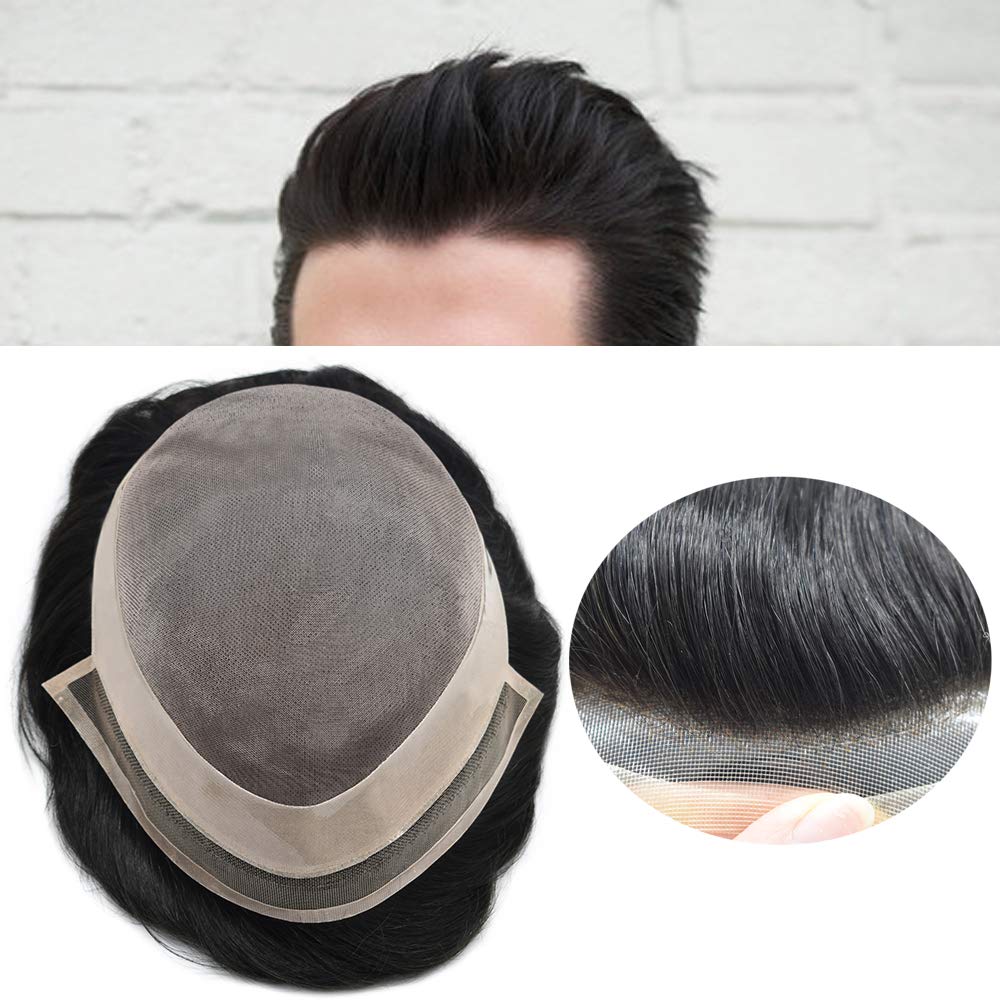 Premium Real Human Hair Toupee for Men - Black Welded Lace Front Hairpiece with Mono Poly NPU Base | 7