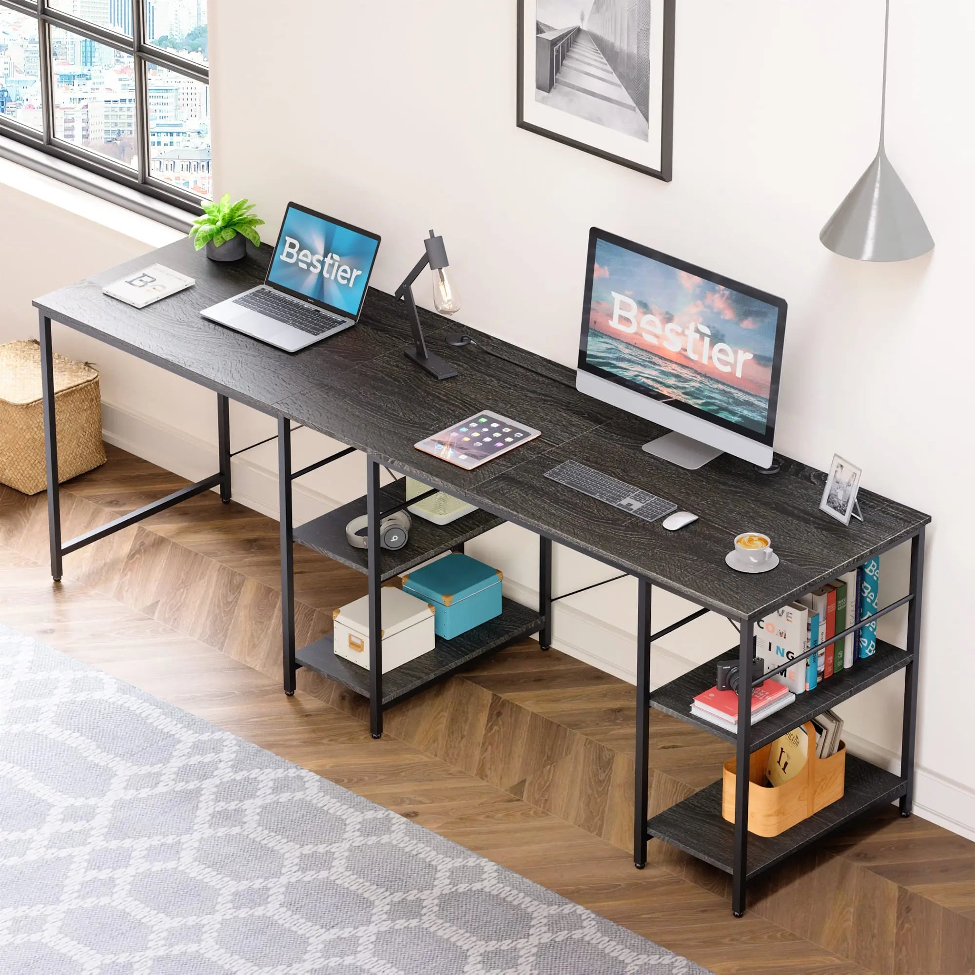 Bestier 86 Inch L-Shaped Computer Desk for Two - Home Office Gaming & Workstation with Large Workspace - Perfect for Couples, Roommates & Small Spaces
