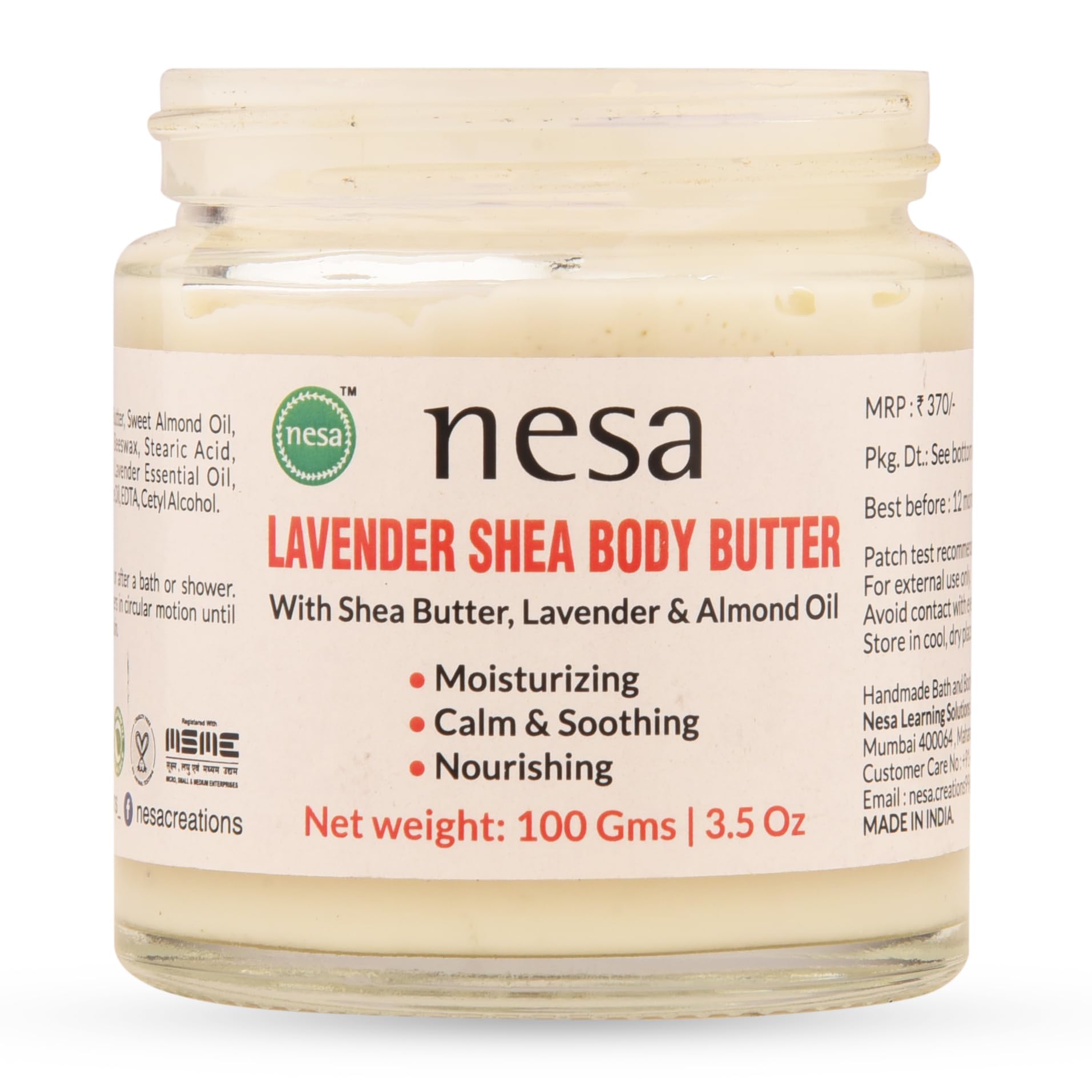 Nesa Lavender Shea Body Butter 100g - Ultra Moisturizing Cream with Shea Butter, Sweet Almond Oil & Lavender Essential Oil for Dry Skin Care - Natural Nourishing Body Lotion for Hands, Feet & Elbows - Perfect for Daily Hydration & Nighttime Skin Repair