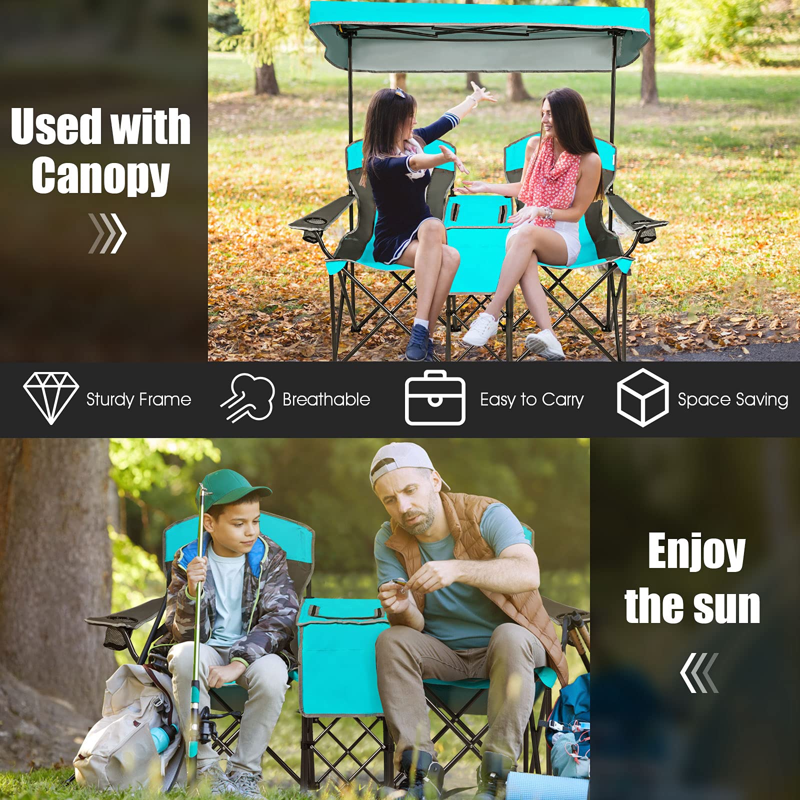 **SAFSTAR Double Camping Chair with Canopy Shade - Portable Folding Loveseat with Mini Table, Cup Holder & Carrying Bag - Outdoor Beach, Lawn, Picnic & Camping Chairs (Turquoise) - Perfect for Couples, Backyard Relaxing & Beach Vacations**