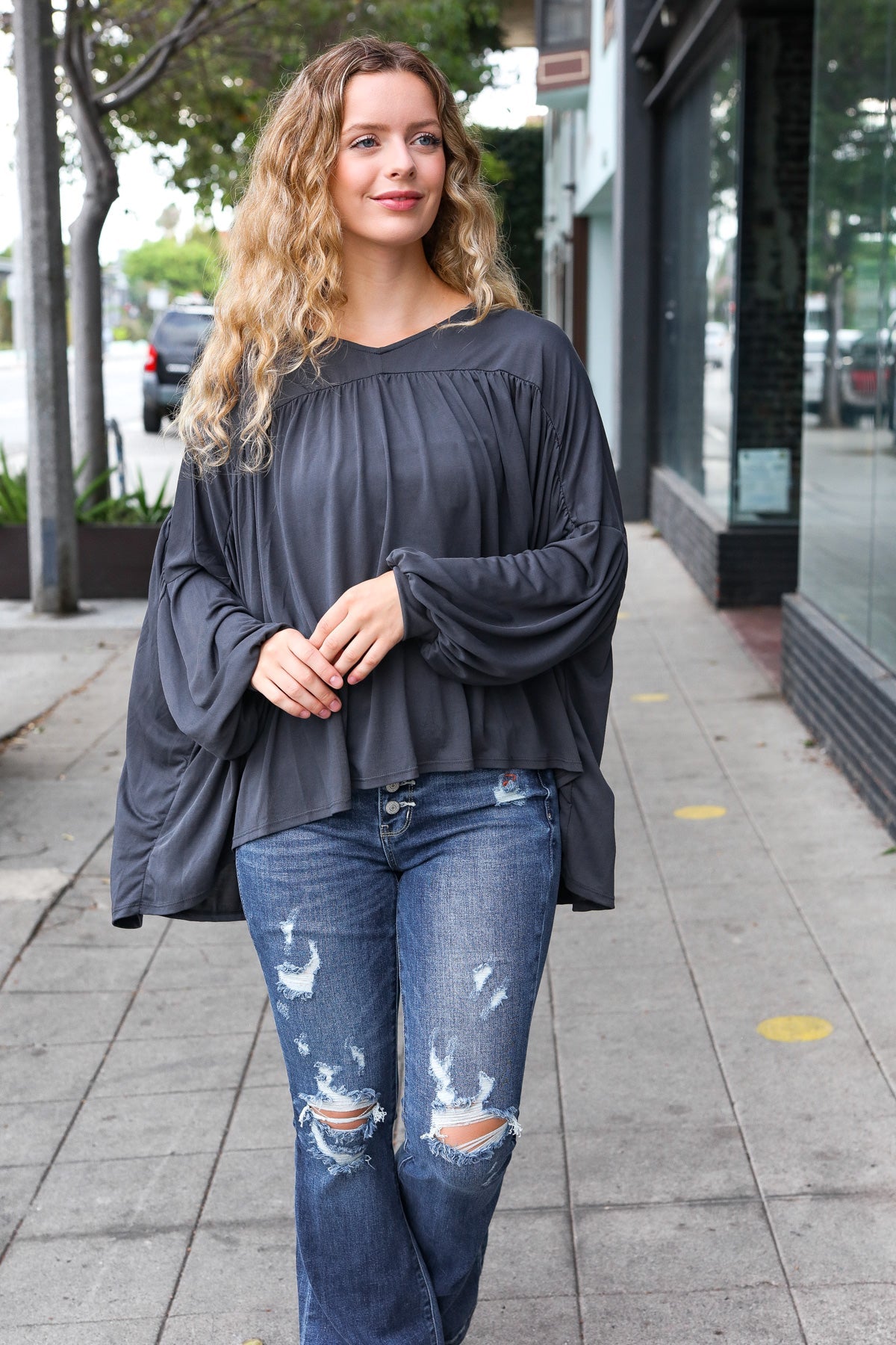 Stylish Charcoal V-Neck Modal Knit Top for Women - Comfortable & Breathable Casual Wear for Office, Date Night & Everyday Outfits