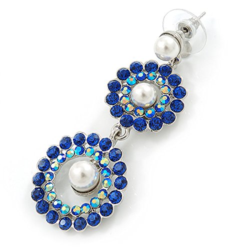 Elegant Sapphire Blue & AB Austrian Crystal Pearl Double Hoop Drop Earrings - 55mm Rhodium Plated Dangle Earrings for Women | Perfect for Weddings, Parties & Special Occasions