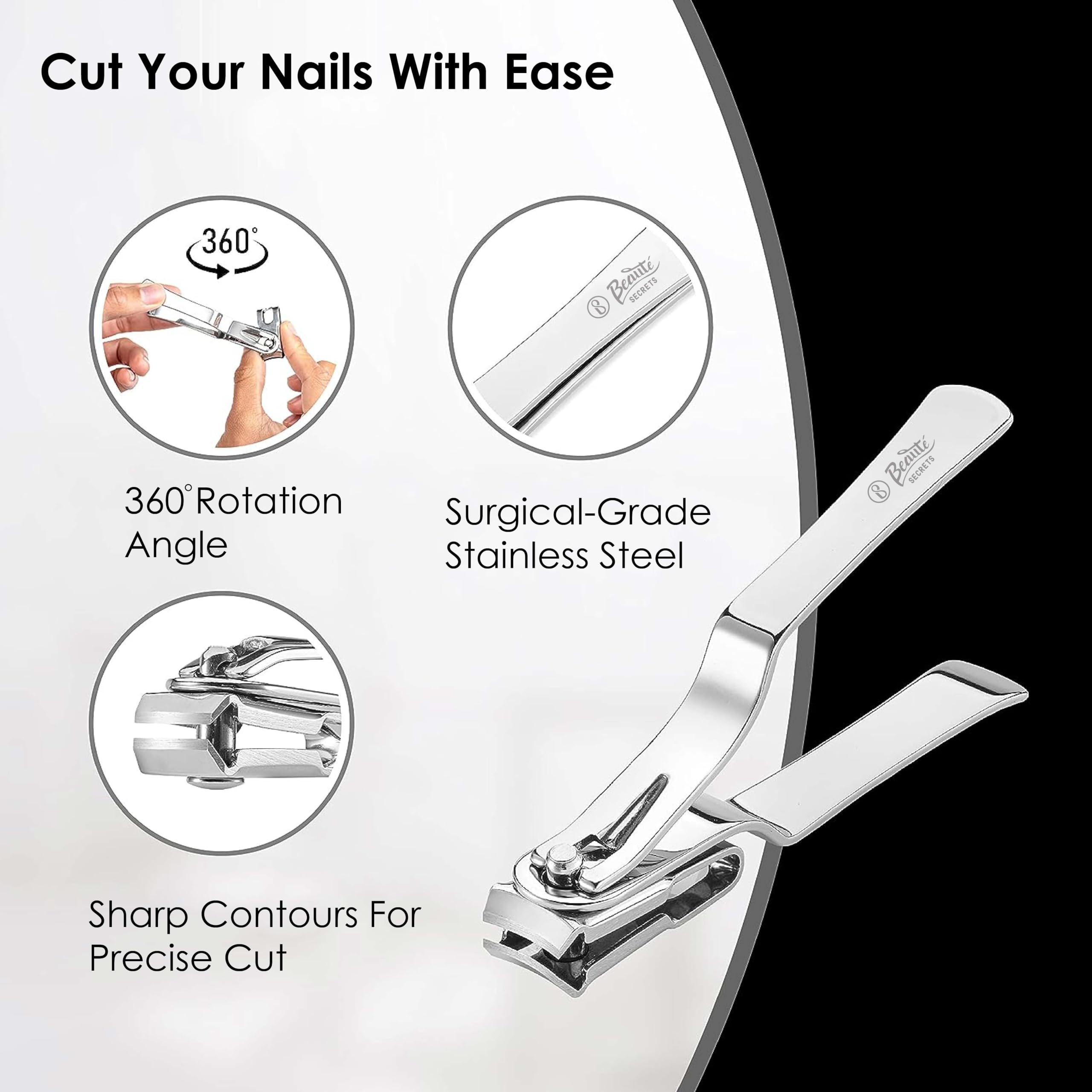 360° Rotating Head Nail Clipper Set with Nail File & Sharp Tweezers - Professional Manicure Kit for Men & Women (Silver) | Perfect for Home, Travel & Salon Use