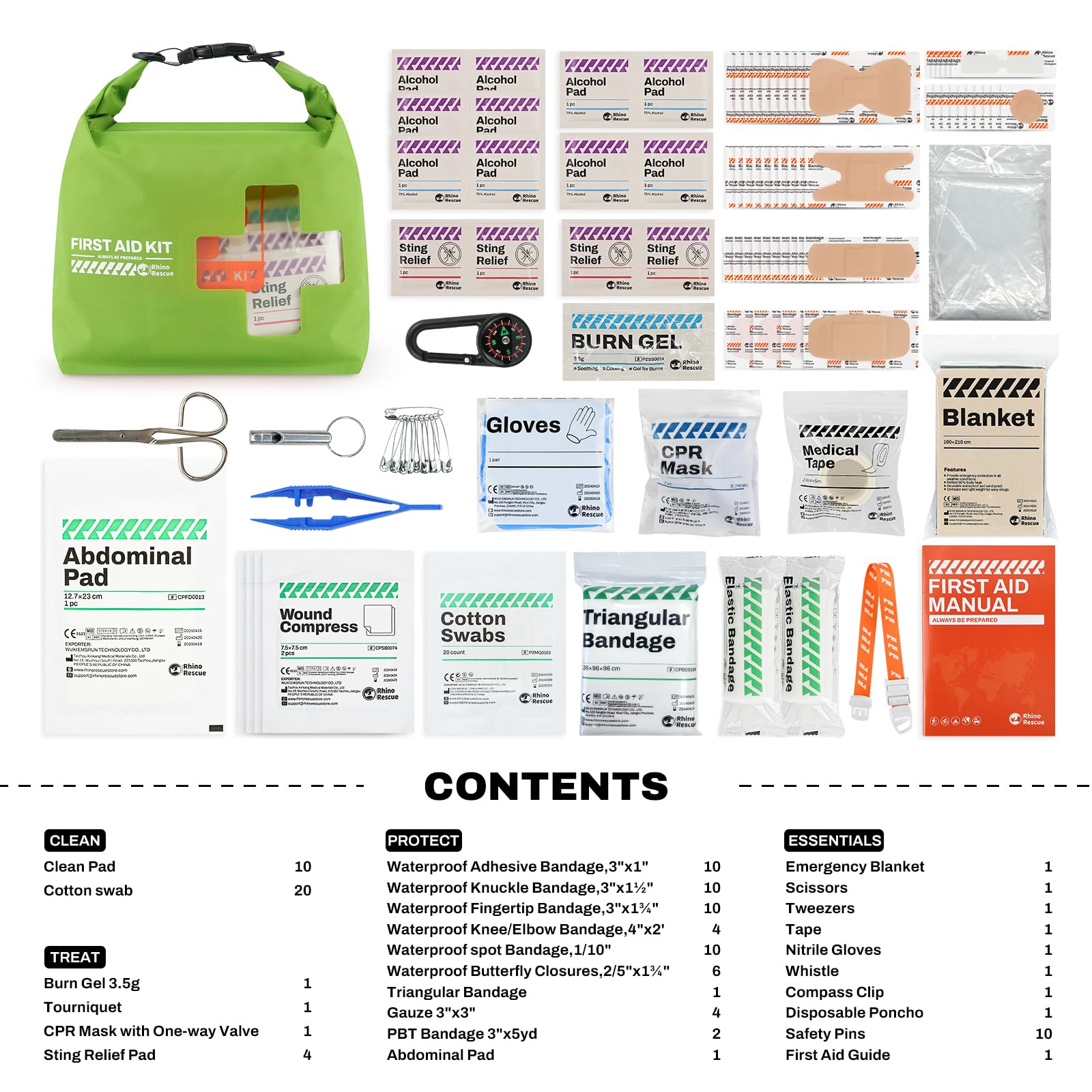 RHINO RESCUE Waterproof First Aid Kit | Lightweight Emergency Dry Bag for Boating, Kayaking, Swimming & Camping | FSA/HSA Eligible Survival Supplies | Perfect for Outdoor Adventures & Emergency Preparedness (Green)