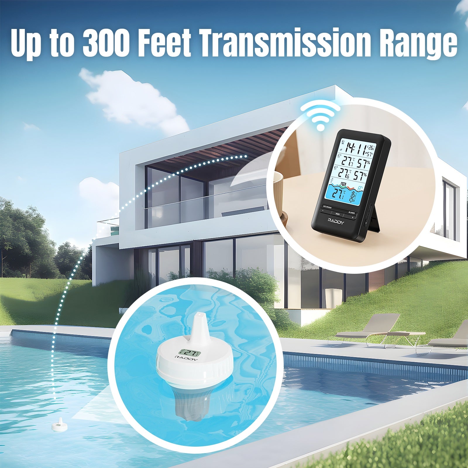 Raddy PT3 WiFi Pool Thermometer with LCD Display - IPX7 Waterproof, Rechargeable, APP Remote Monitoring & Additional Sensors for Swimming Pools, Spas, and Hot Tubs
