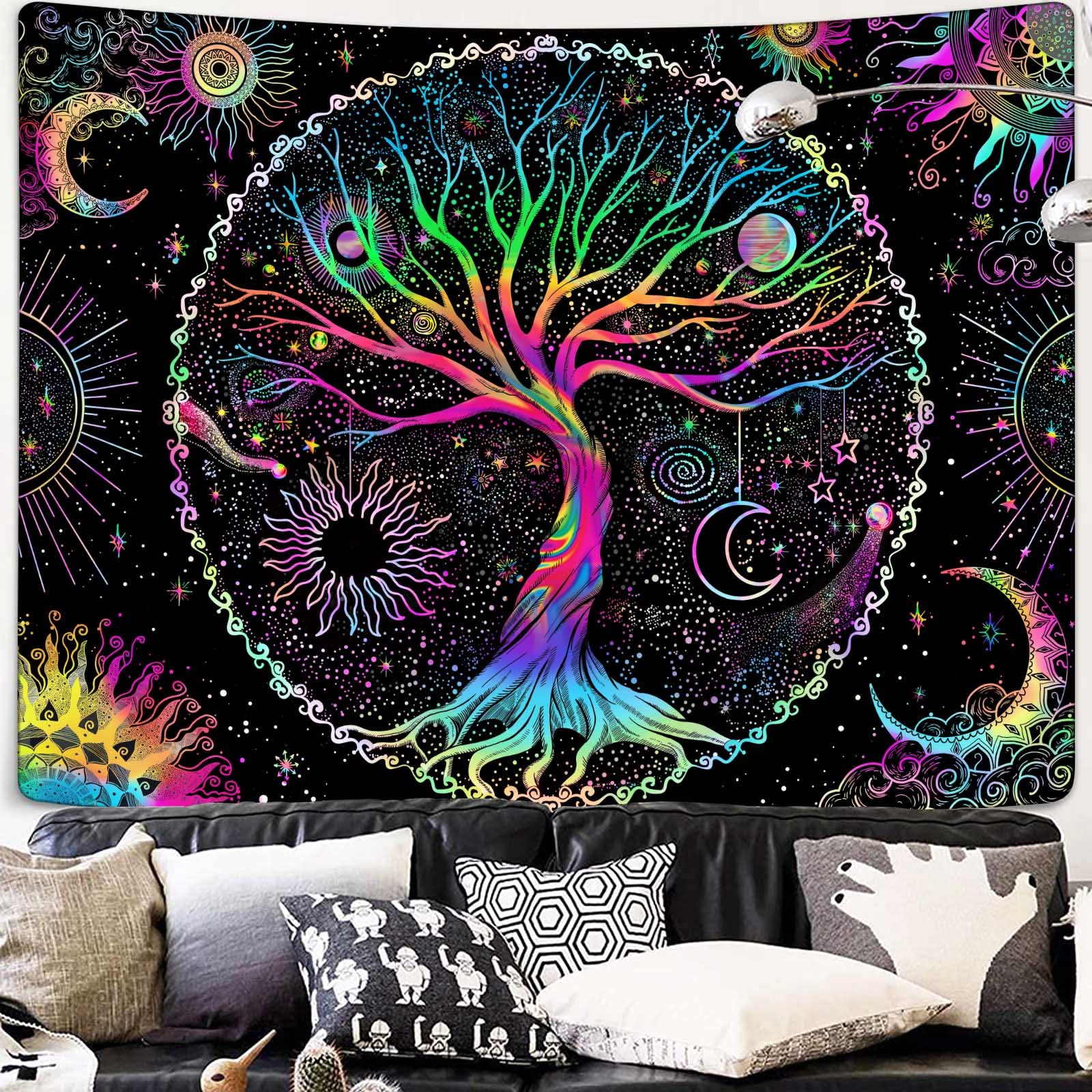 Spiritual Tree of Life Black Light Tapestry - 70x90 Inch Colorful Wall Hanging for Bedroom Decor, Yoga Studio & Festival - UV Reactive Hippie Aesthetic Tapestry for Boho Room & Meditation Space