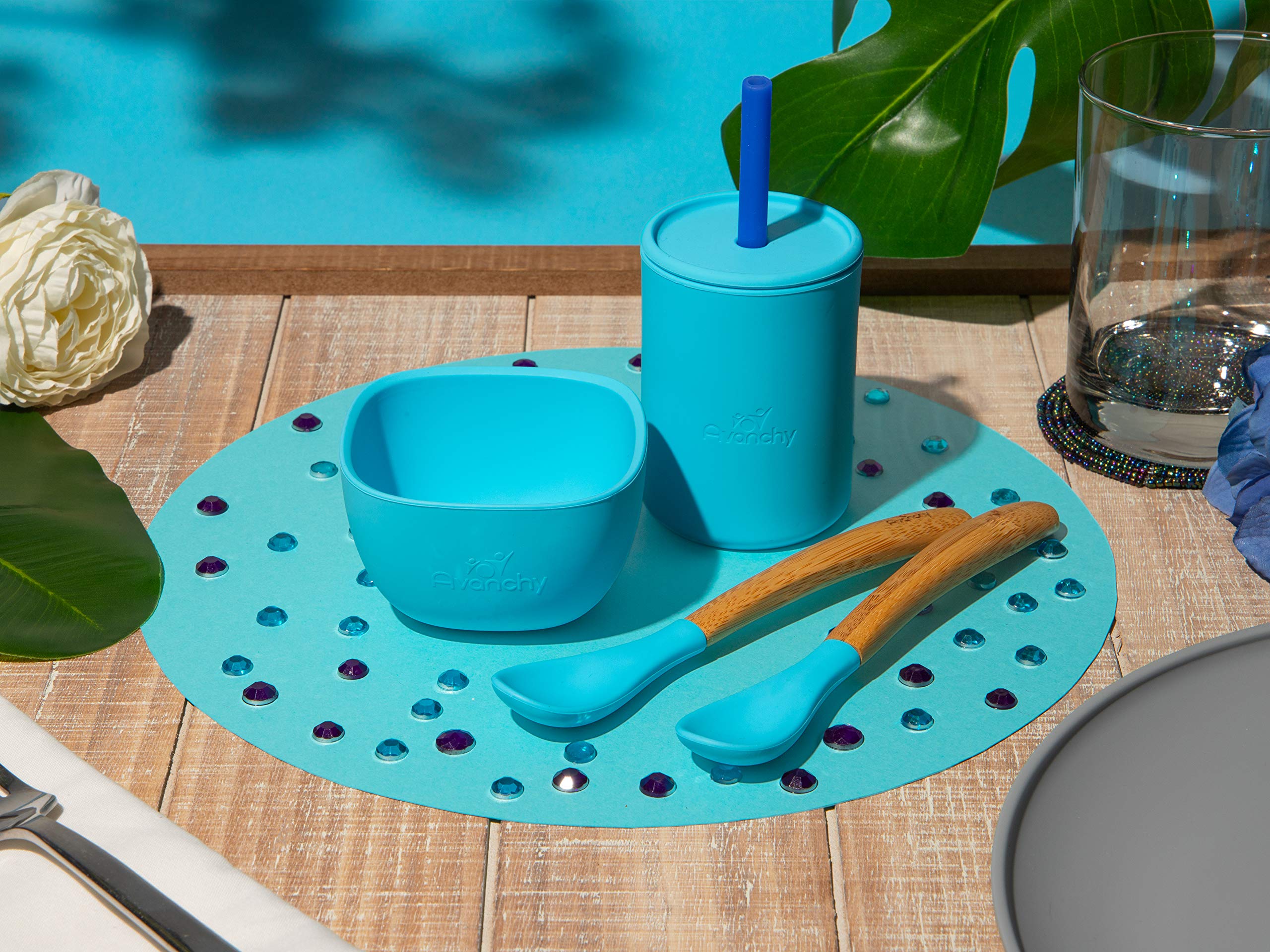 Avanchy Baby Dish Set - Silicone Bowl, Cup & Bamboo Spoons for Infant Feeding