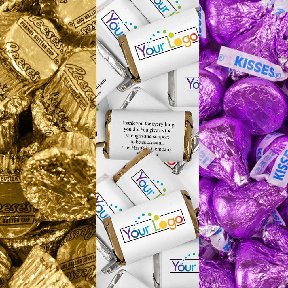 190 Pcs Bulk Custom Candy for Promotional Events - Personalized Mini Chocolates, Kisses & Peanut Butter Cups (Gold & Light Purple) - Perfect for Branding, Wedding Favors & Candy Buffet Supplies