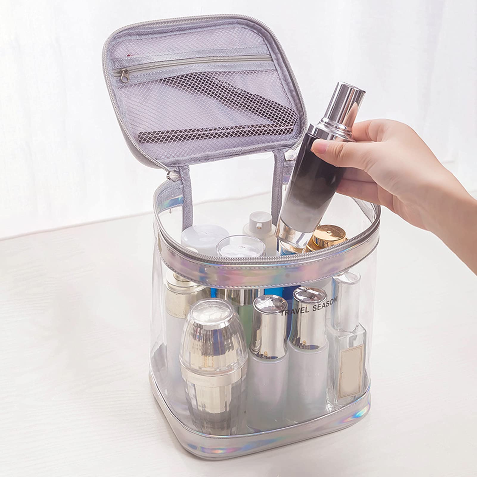 Transparent PVC Travel Toiletry Bag with Handle - Waterproof Makeup Organizer for Cosmetics, Bottles & Bathroom Essentials - Perfect for Air Travel, Gym & Home Organization (Black)