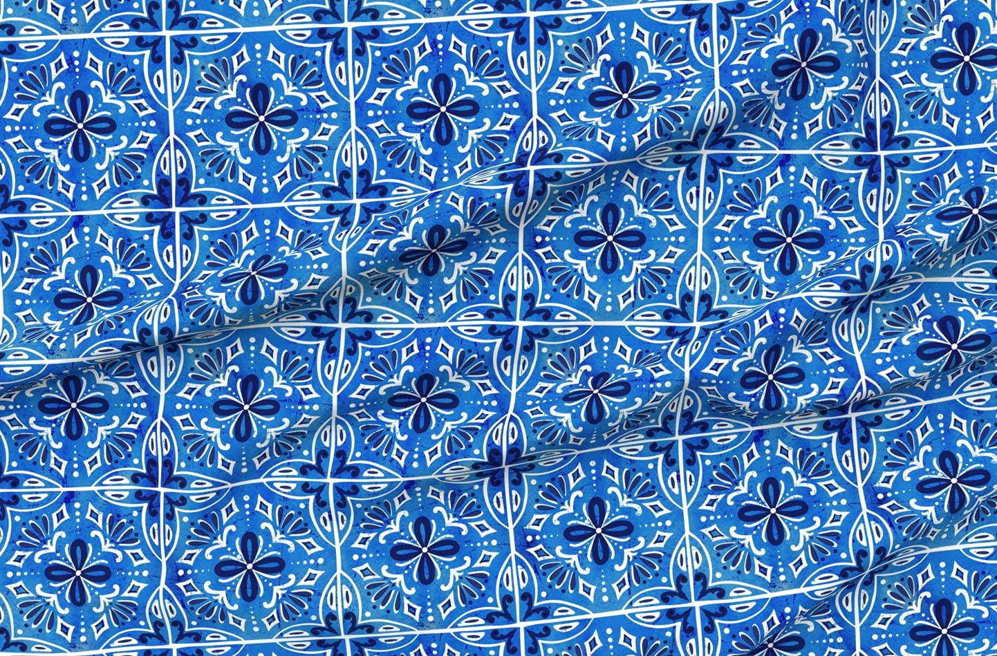Spanish Tiles Blue Scale Watercolor Geometric Printed Minky Fabric by The Yard - Soft Cobalt Blue Design for Sewing Baby Blankets, Quilt Backing & Plush Toys - DIY Nursery Decor & Cozy Home Projects