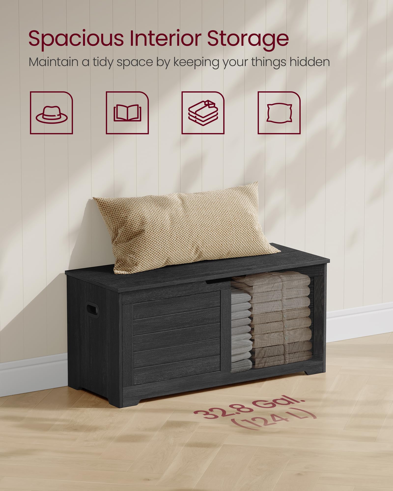 VASAGLE Farmhouse Style Storage Chest Bench - 15.7 x 39.4 x 18.1 Inch Multifunctional Trunk with 2 Safety Hinges, Entryway Shoe Storage Organizer for Bedroom, Living Room & Hallway - Charcoal Gray ULSB061B01 | Perfect for Small Space Organization & Farmhouse Decor