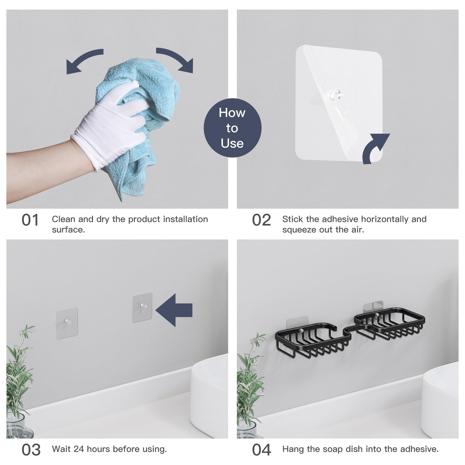 2-Pack Rustproof Aluminum Soap Dish Holder for Shower Wall - No Drill Installation, Square Bathroom Soap Tray & Kitchen Sponge Holder (Black) | Perfect for Showers, Bathtubs, and Sink Areas