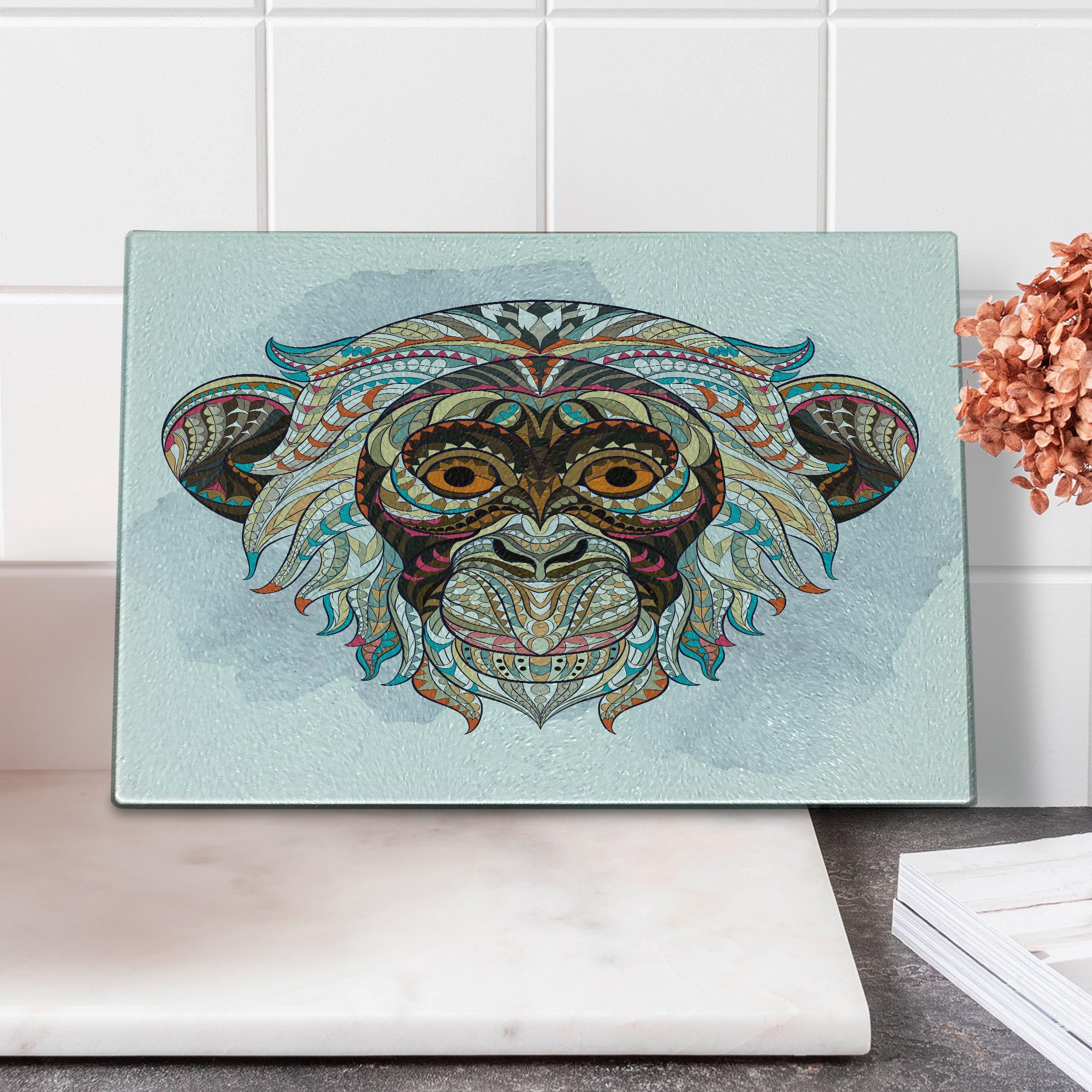 Ambesonne Monkey Tribal Totem Tempered Glass Cutting Board - Small Teal & Brown Grunge Pattern - Decorative Serving Tray for Kitchen, Dining & Party Use