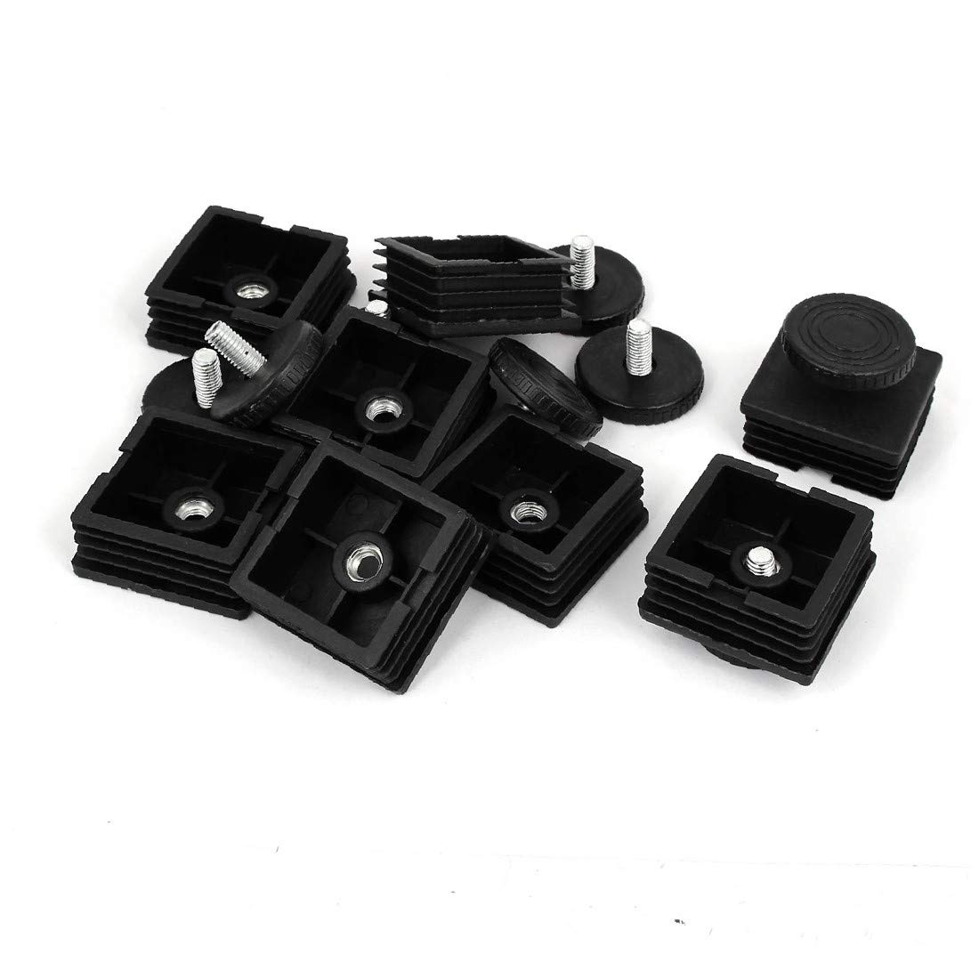 X-DREE 48mm x 48mm Adjustable PP Plastic Leveling Feet - 8 Sets Black Threaded Tube Inserts for Furniture, Appliances & Industrial Equipment - Perfect for Leveling Washing Machines, Workbenches & Shelves