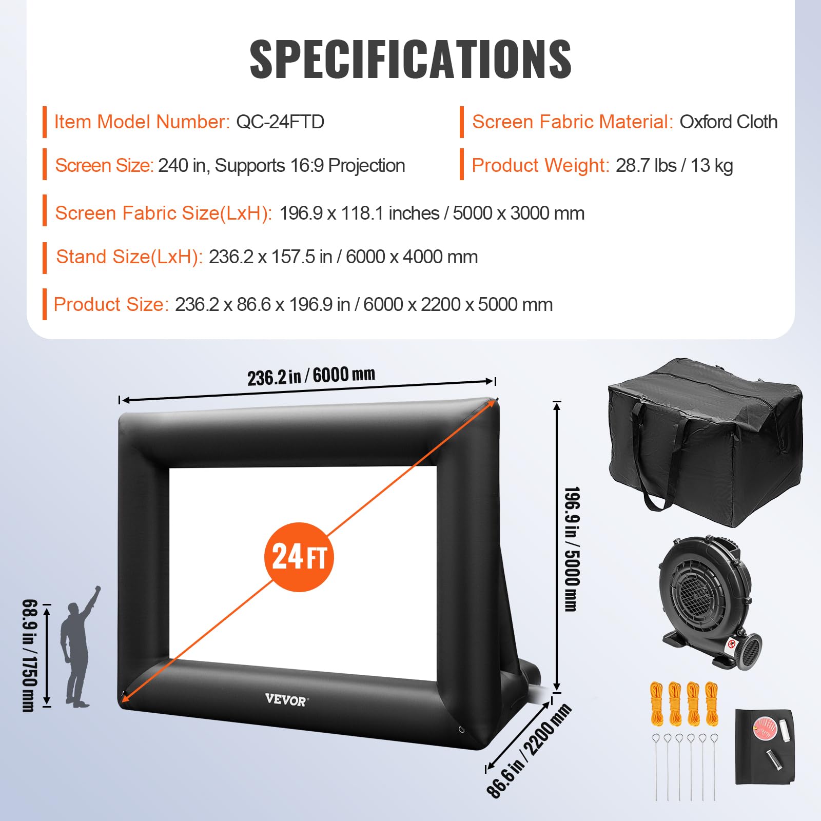 VEVOR 120-Inch Inflatable Outdoor Movie Screen with 350W Air Blower - Portable Front/Rear Projection Screen, Durable Oxford Fabric for Backyard, Camping & Drive-in Theater Night