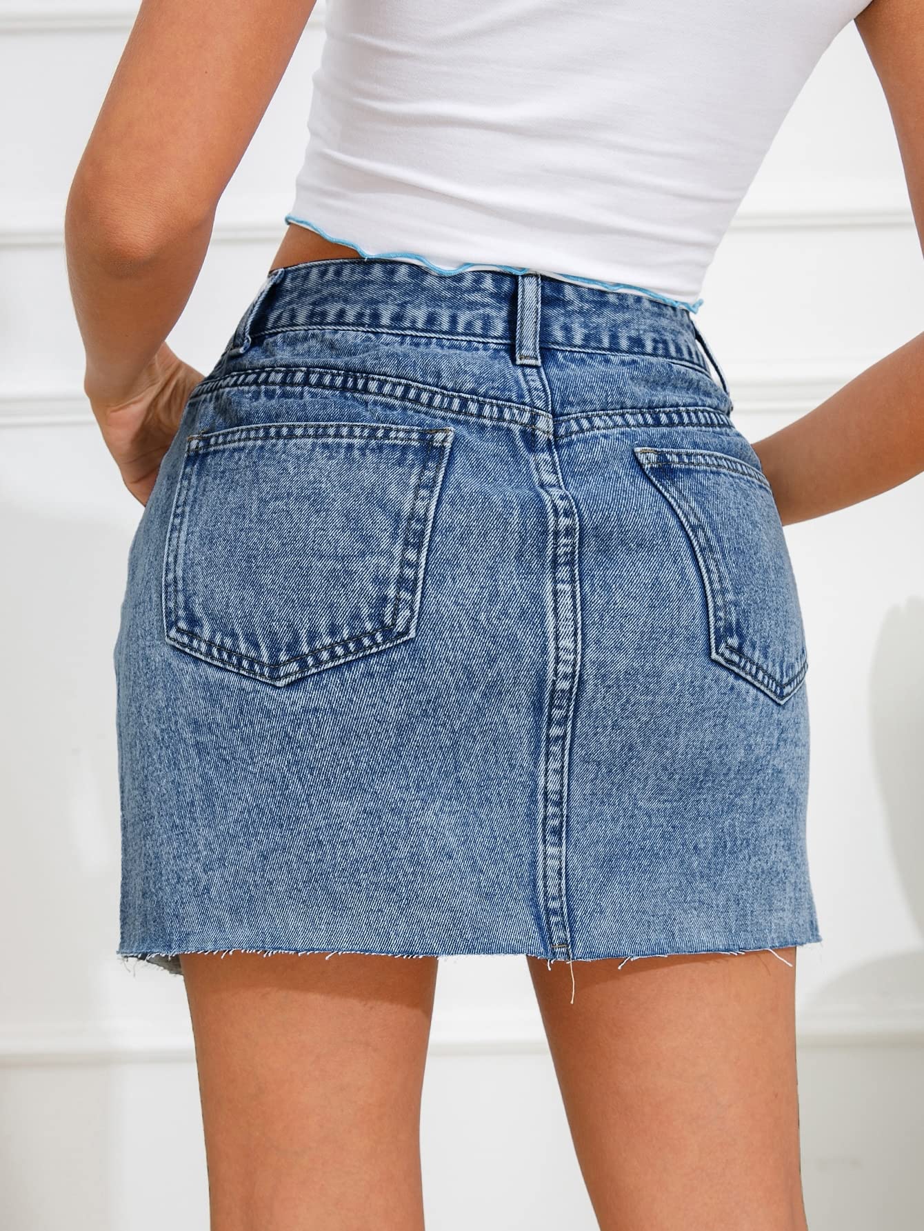 Floerns Women's Casual Asymmetrical Waist Denim Skirt with Raw Trim - High Waist Stretch Jeans Skirt for Women, Perfect for Spring Summer Outfits, Date Night, Office Wear and Casual Street Style