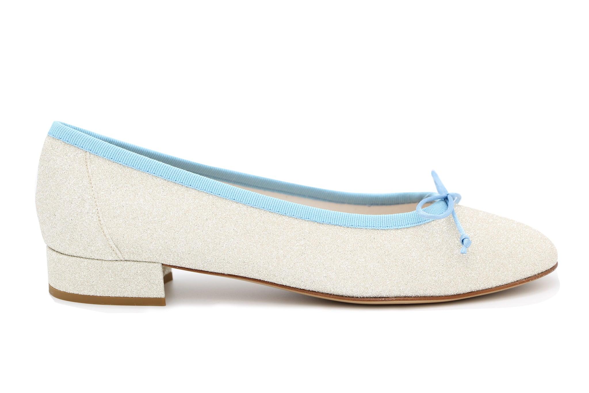 FABUCCI Women's Silver Shimmer Ballet Flats with Blue Trim - Comfortable & Stylish for Casual Wear, Office, and Parties