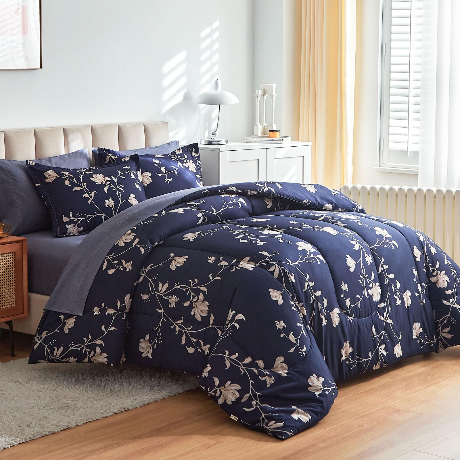 AIKASY 7-Piece King Size Floral Comforter Bed in a Bag Set - Navy Blue Bedding Set Includes 1 Comforter, 2 Pillow Shams, 1 Flat Sheet, 1 Fitted Sheet & 2 Pillowcases - Perfect for Master Bedroom, Guest Room & Vacation Homes