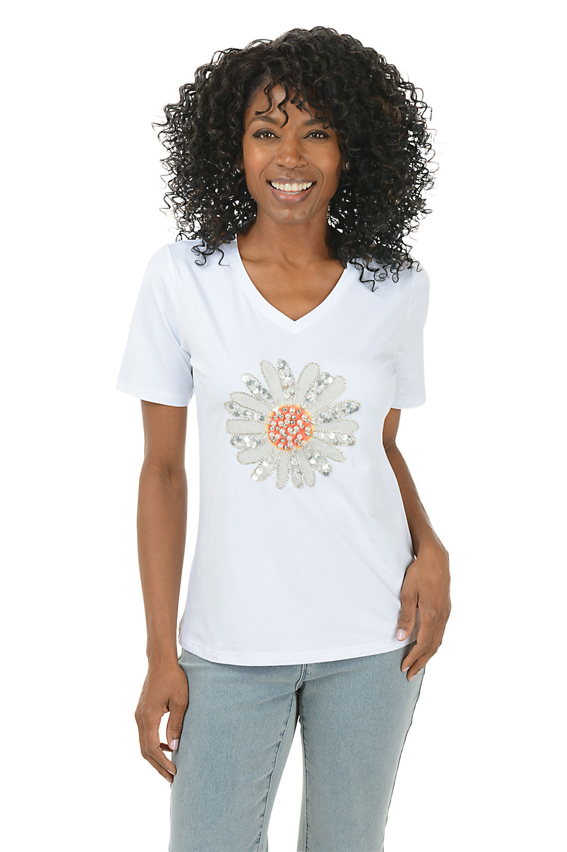 Elegant Jeweled Daisy V-Neck T-Shirt for Women - Floral Embellished Casual Top for Summer Outfits & Date Nights