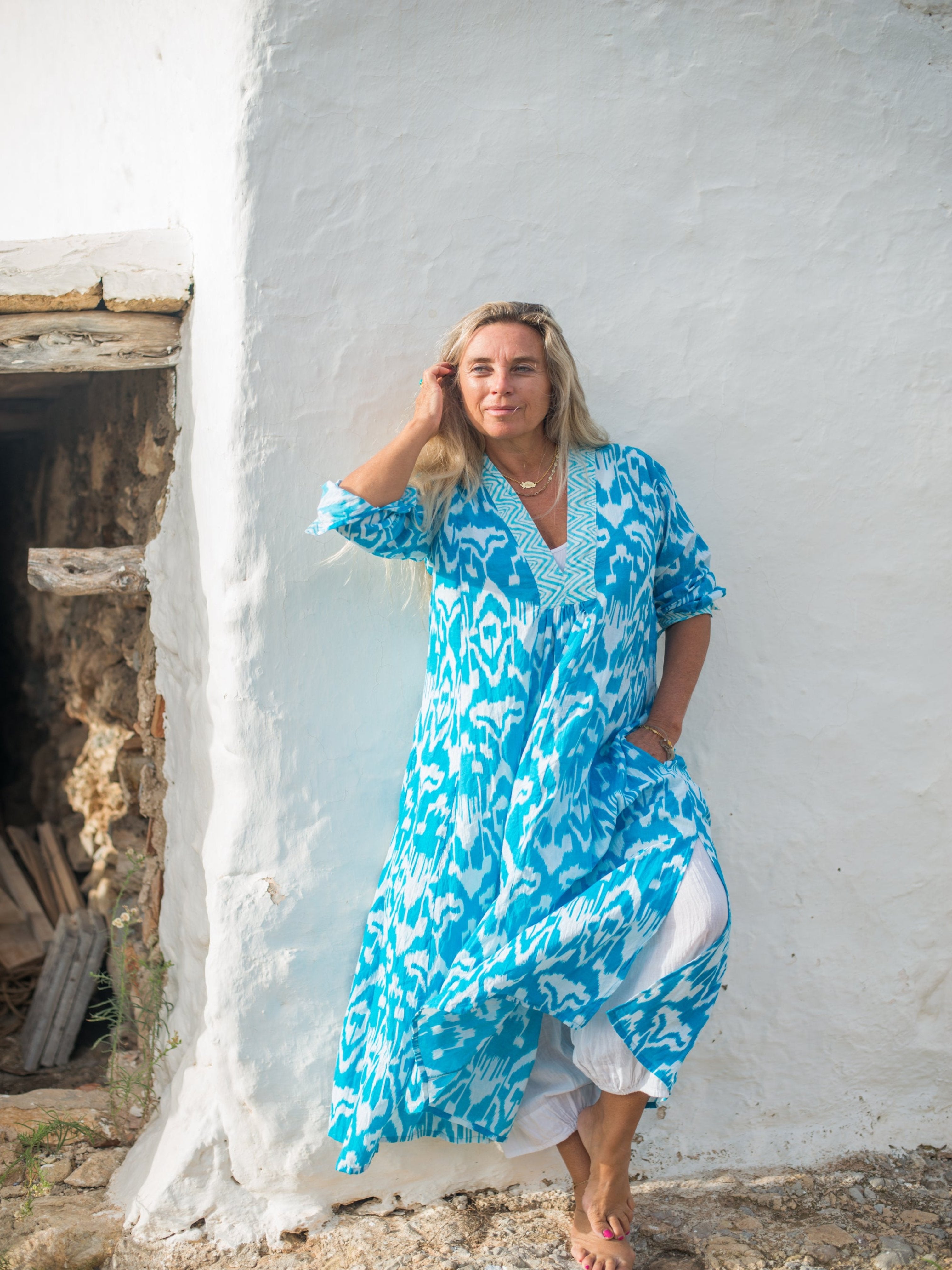 Bohemian Ikat Kaftan Dress - Turquoise Blue Flowy Beach Cover Up for Women | Perfect for Ibiza Vacations, Pool Parties & Summer Getaways