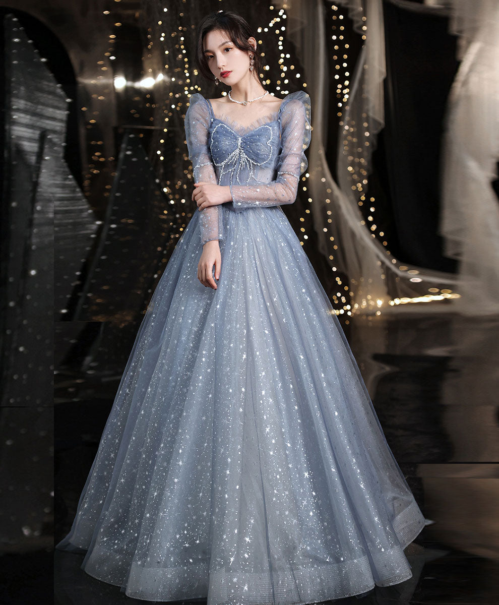 Elegant Blue Tulle Beaded Long Prom Dress with Sequin Details - Perfect for Sweet 16, Homecoming, and Formal Evening Events